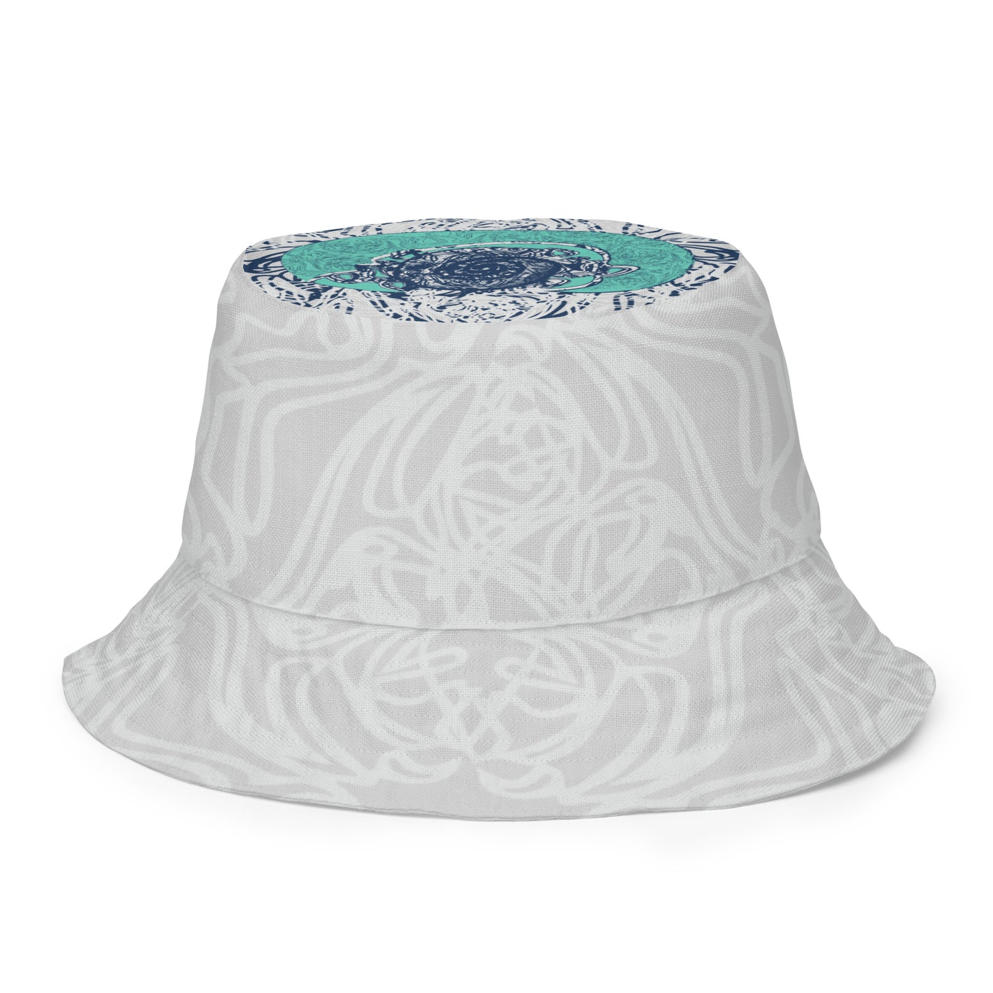 Reversible bucket hat with abstract jade and white linework, featuring dual-face artwork on one side and K.L.O.E logo on the other—crafted for bold, expressive style.