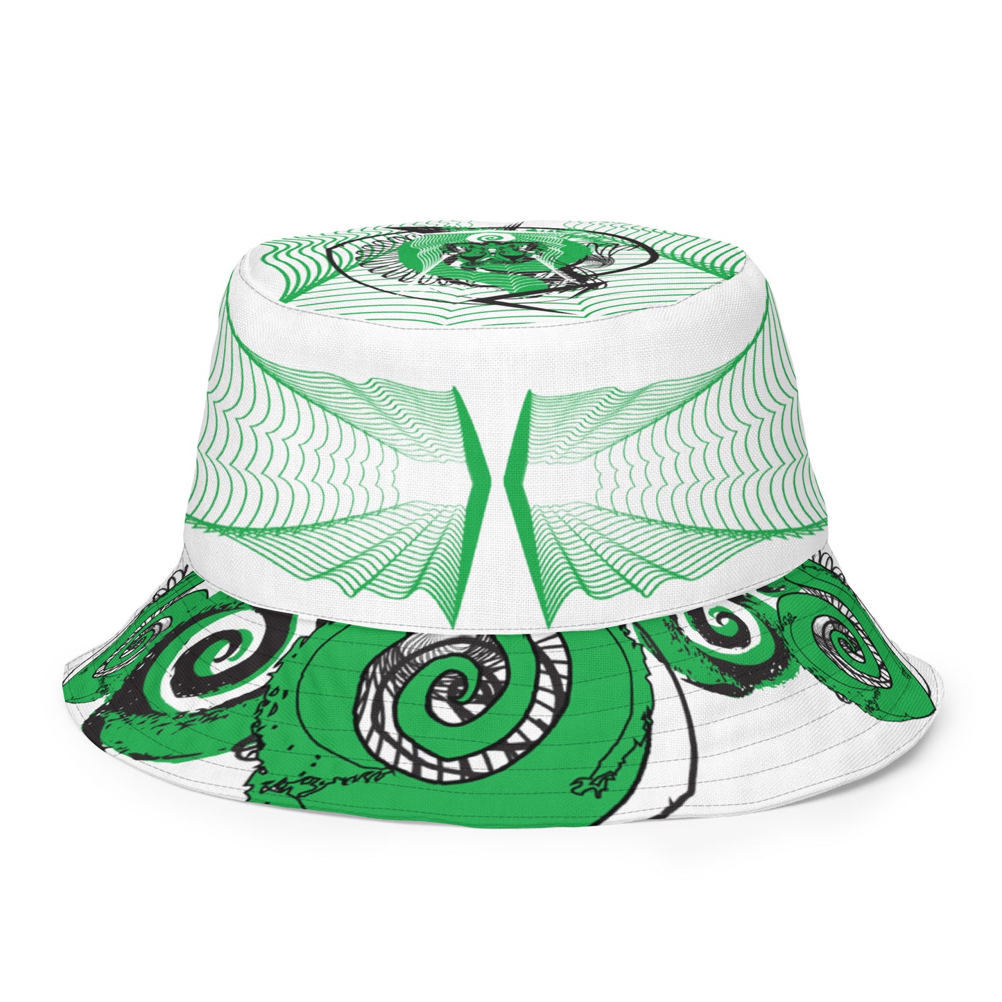 Hand-illustrated reversible bucket hat featuring bold green spirals and intricate web-inspired patterns — crafted for versatile self-expression and rooted in artistic individuality, exclusive to KLOE.
