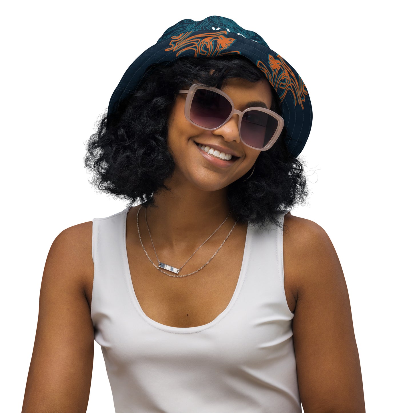 Navy blue bucket hat with cyan line art and 'K.L.O.E' branding on the front, offering a minimal yet artistic aesthetic, worn by a model.