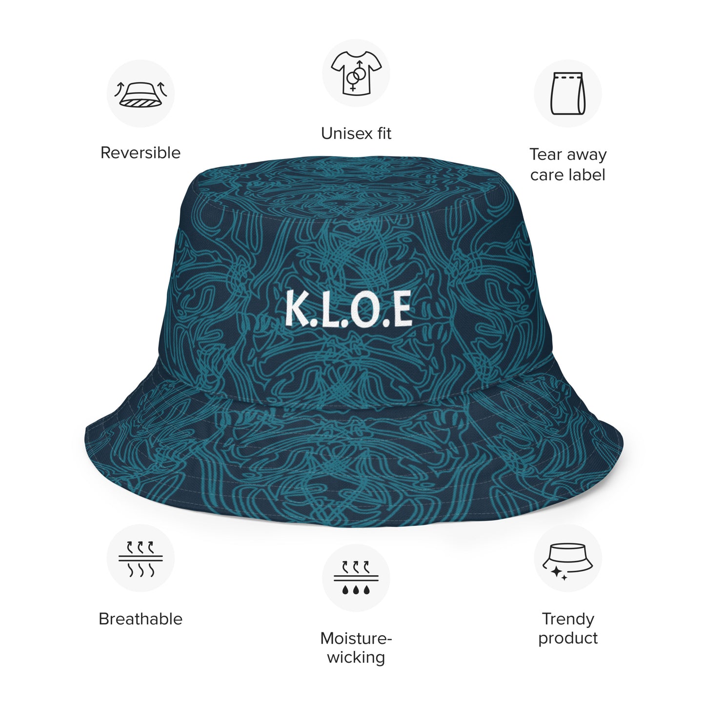 Navy blue bucket hat with cyan line art and 'K.L.O.E' branding on the front, offering a minimal yet artistic aesthetic, worn by a model.