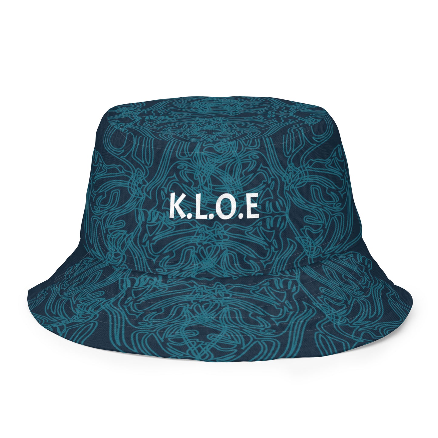 Navy blue bucket hat with cyan line art and 'K.L.O.E' branding on the front, offering a minimal yet artistic aesthetic.