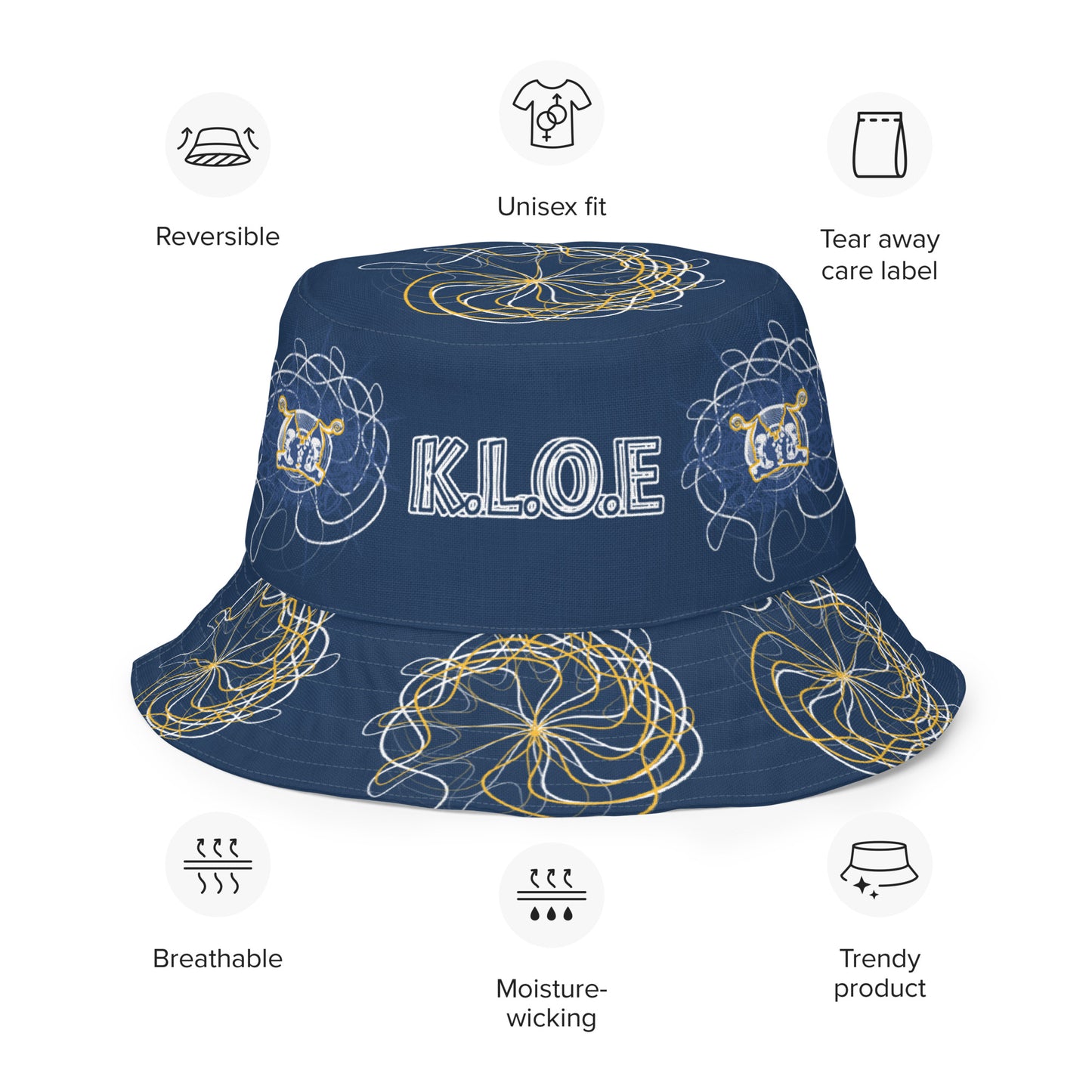 Reversible bucket hat featuring navy and golden yellow sides with abstract white linework and mirrored face emblems, blending hand-drawn cultural art with bold, expressive streetwear style.