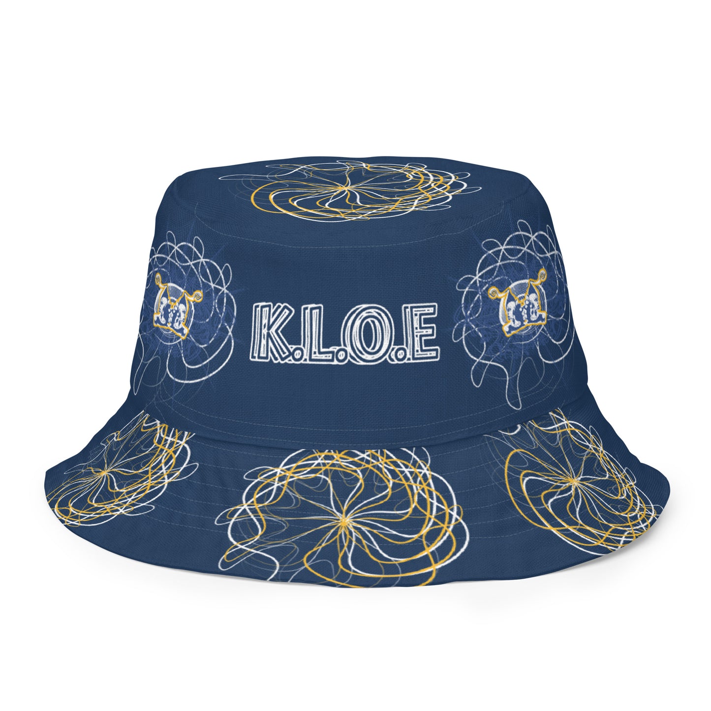 Reversible bucket hat featuring navy and golden yellow sides with abstract white linework and mirrored face emblems, blending hand-drawn cultural art with bold, expressive streetwear style.