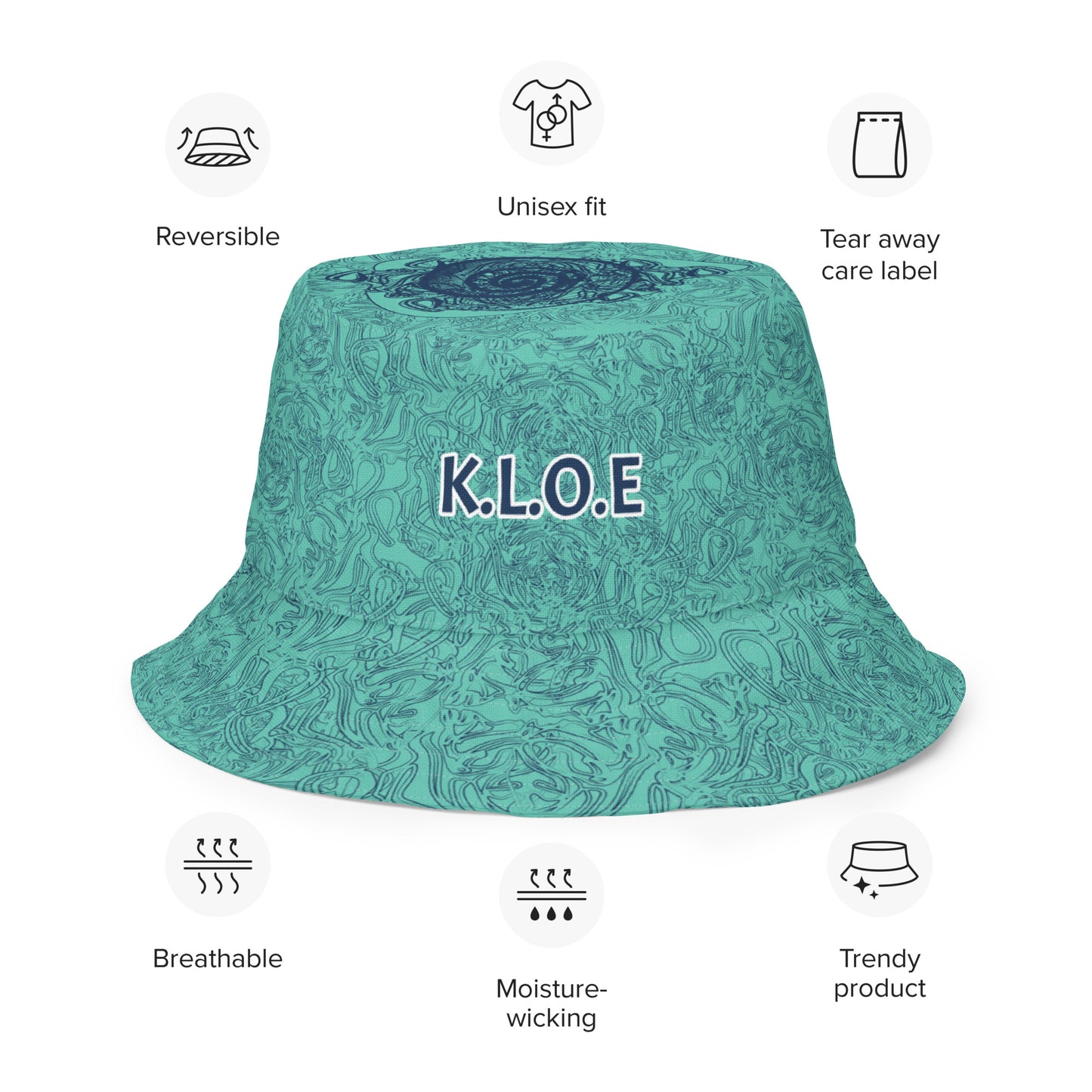 Reversible bucket hat with abstract jade and white linework, featuring dual-face artwork on one side and K.L.O.E logo on the other—crafted for bold, expressive style.
