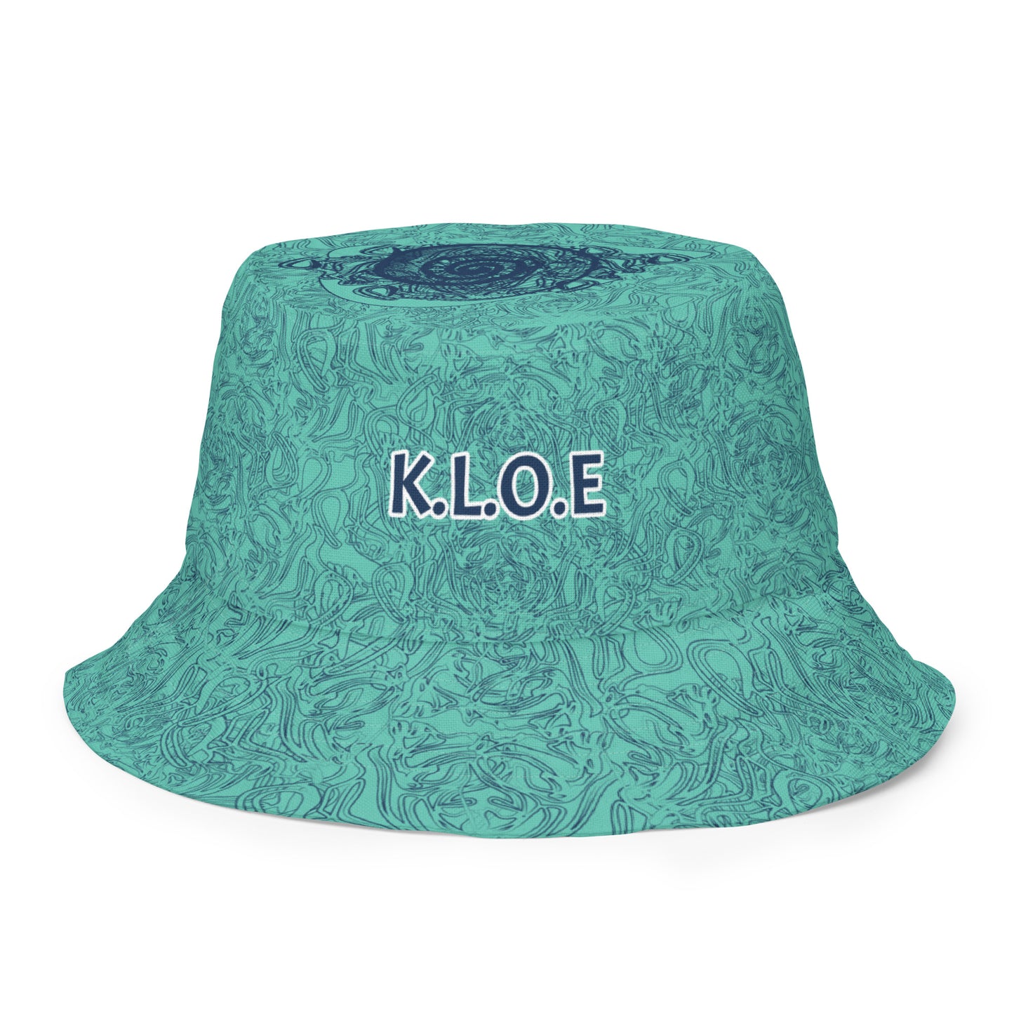 Reversible bucket hat with abstract jade and white linework, featuring dual-face artwork on one side and K.L.O.E logo on the other—crafted for bold, expressive style.