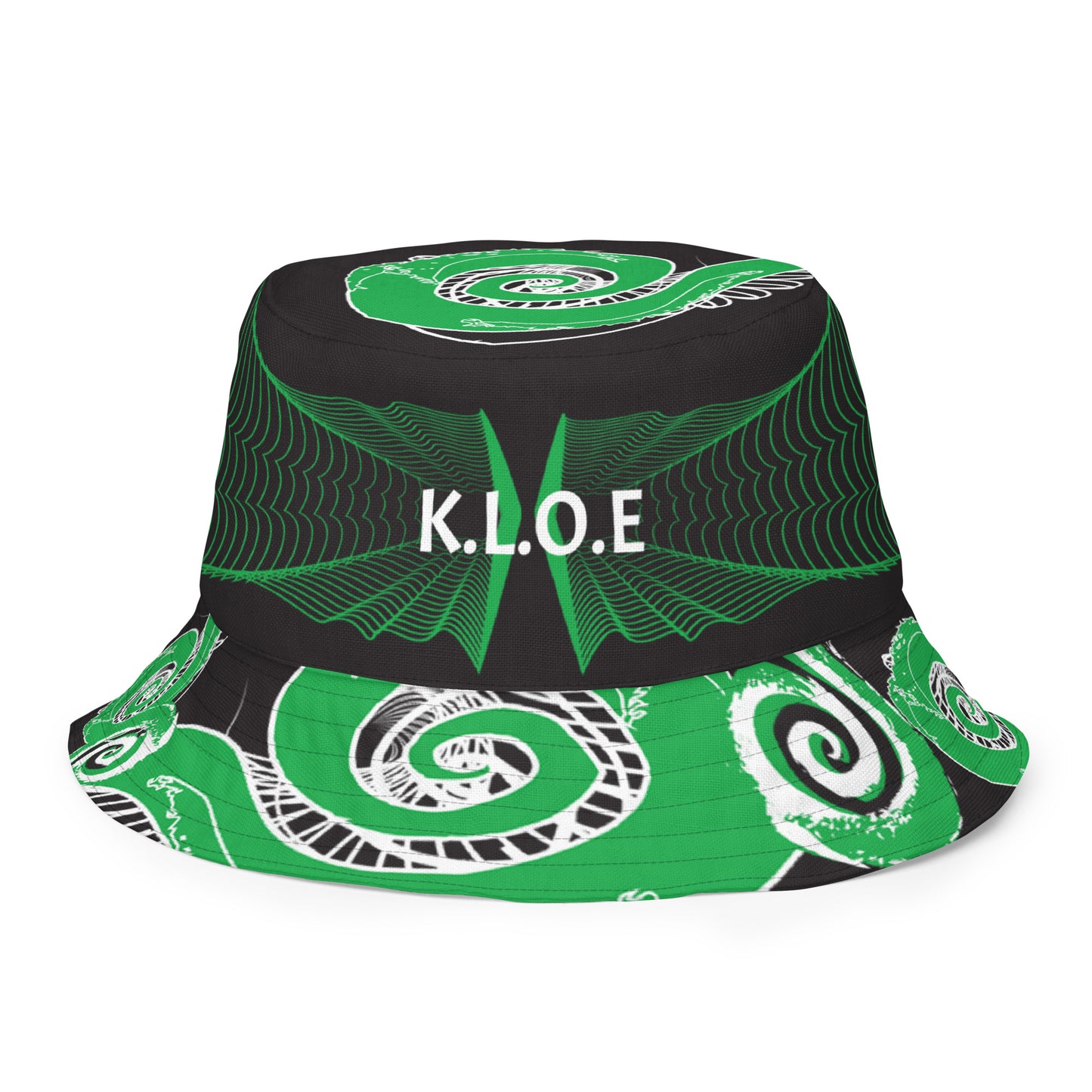 Hand-illustrated reversible bucket hat featuring bold green spirals and intricate web-inspired patterns — crafted for versatile self-expression and rooted in artistic individuality, exclusive to KLOE.