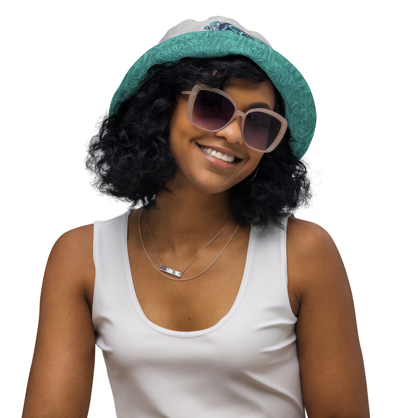Reversible bucket hat with abstract jade and white linework, featuring dual-face artwork on one side and K.L.O.E logo on the other—crafted for bold, expressive style.