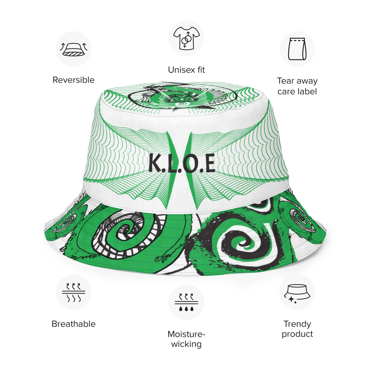 Hand-illustrated reversible bucket hat featuring bold green spirals and intricate web-inspired patterns — crafted for versatile self-expression and rooted in artistic individuality, exclusive to KLOE.