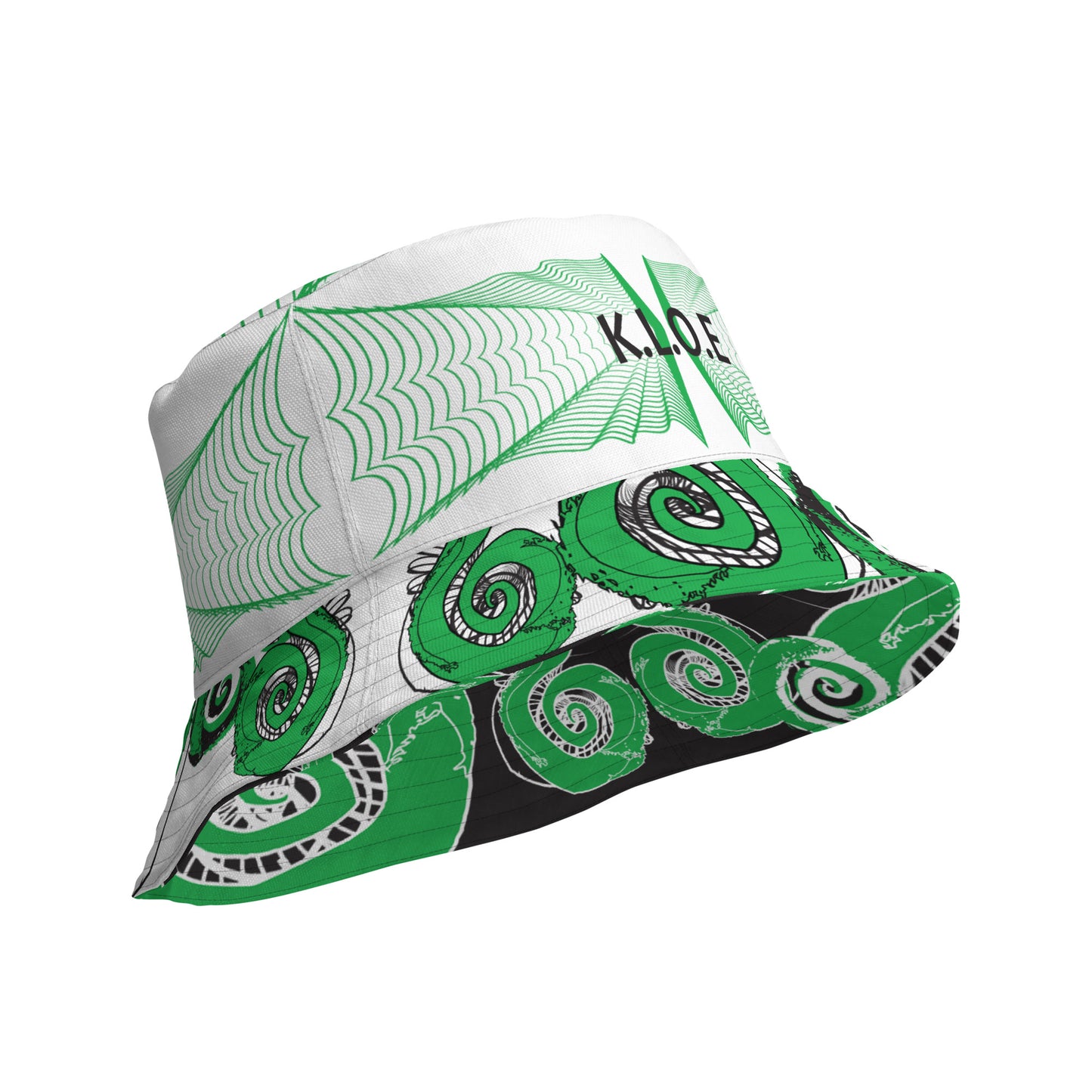 Hand-illustrated reversible bucket hat featuring bold green spirals and intricate web-inspired patterns — crafted for versatile self-expression and rooted in artistic individuality, exclusive to KLOE.