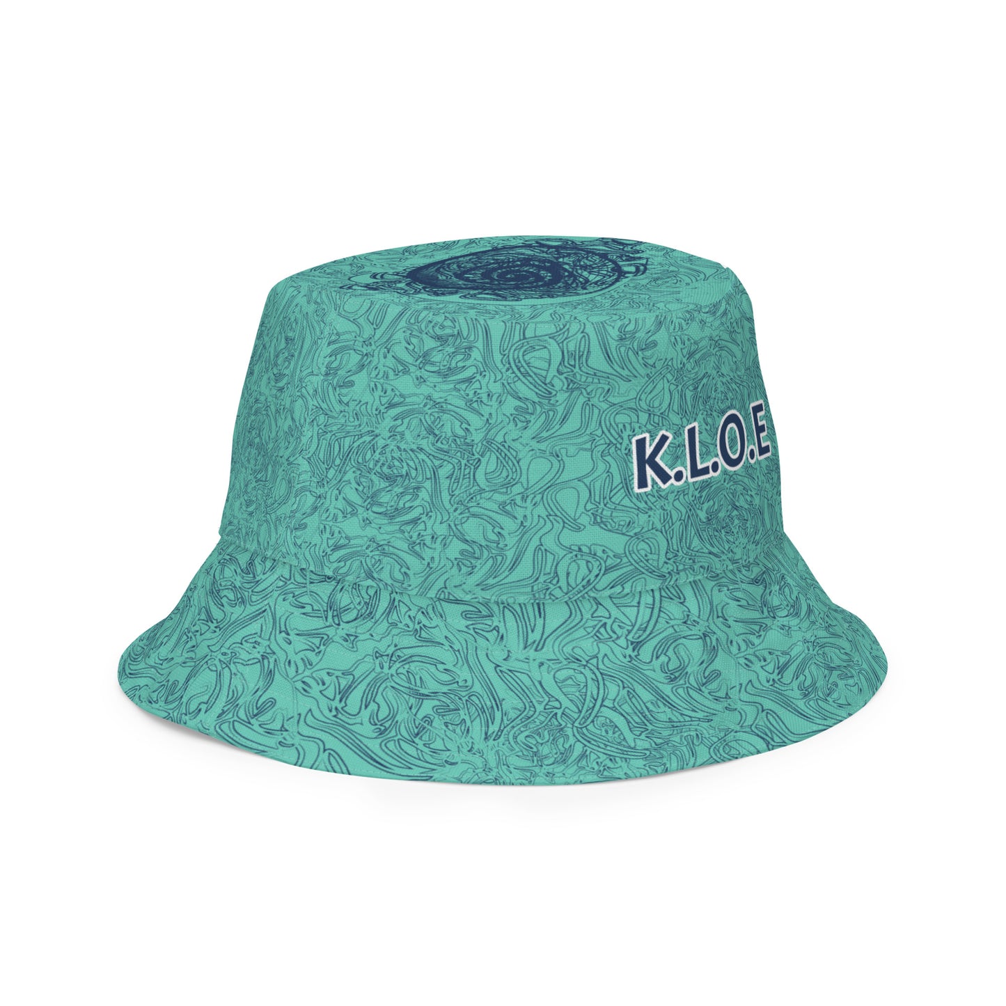 Reversible bucket hat with abstract jade and white linework, featuring dual-face artwork on one side and K.L.O.E logo on the other—crafted for bold, expressive style.