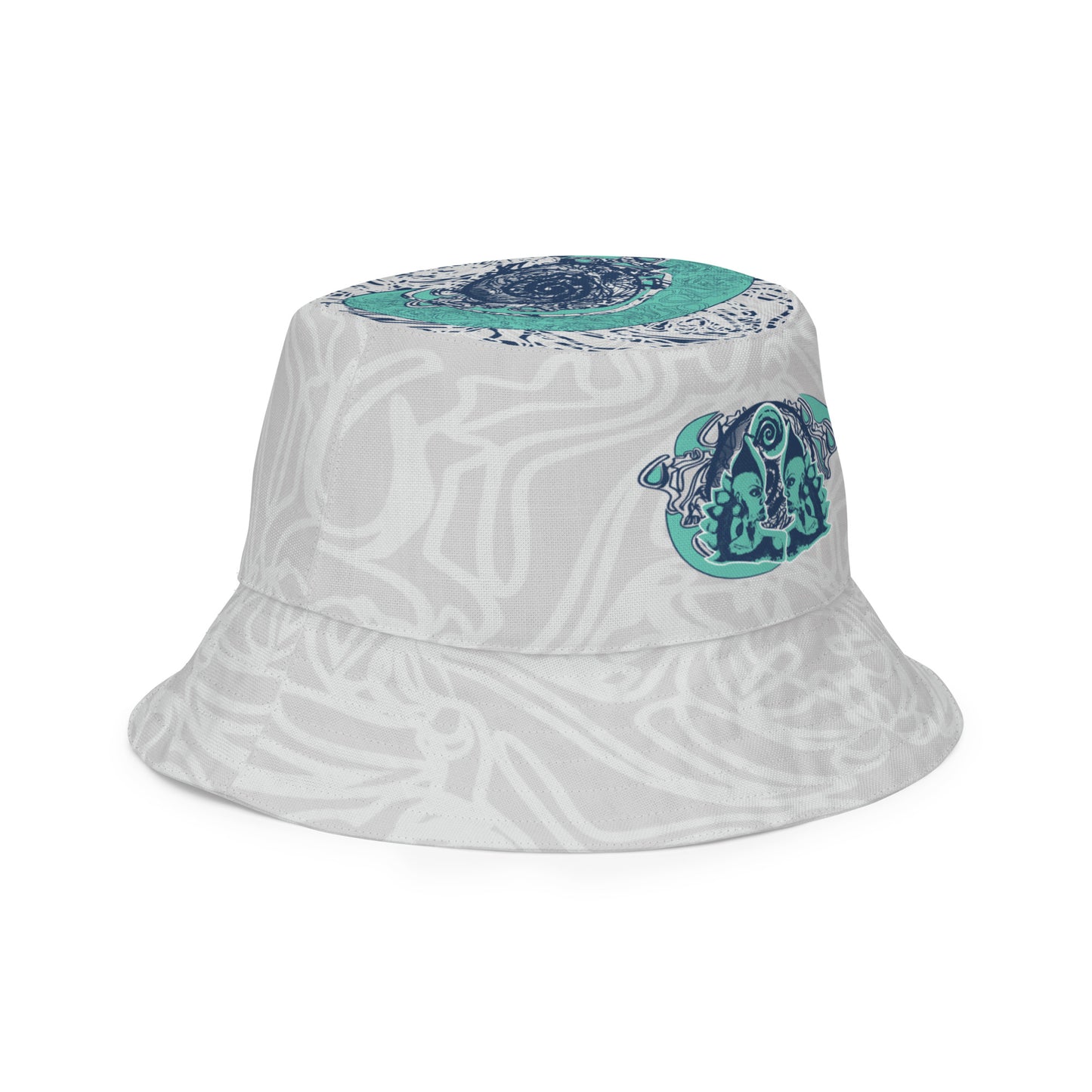 Reversible bucket hat with abstract jade and white linework, featuring dual-face artwork on one side and K.L.O.E logo on the other—crafted for bold, expressive style.