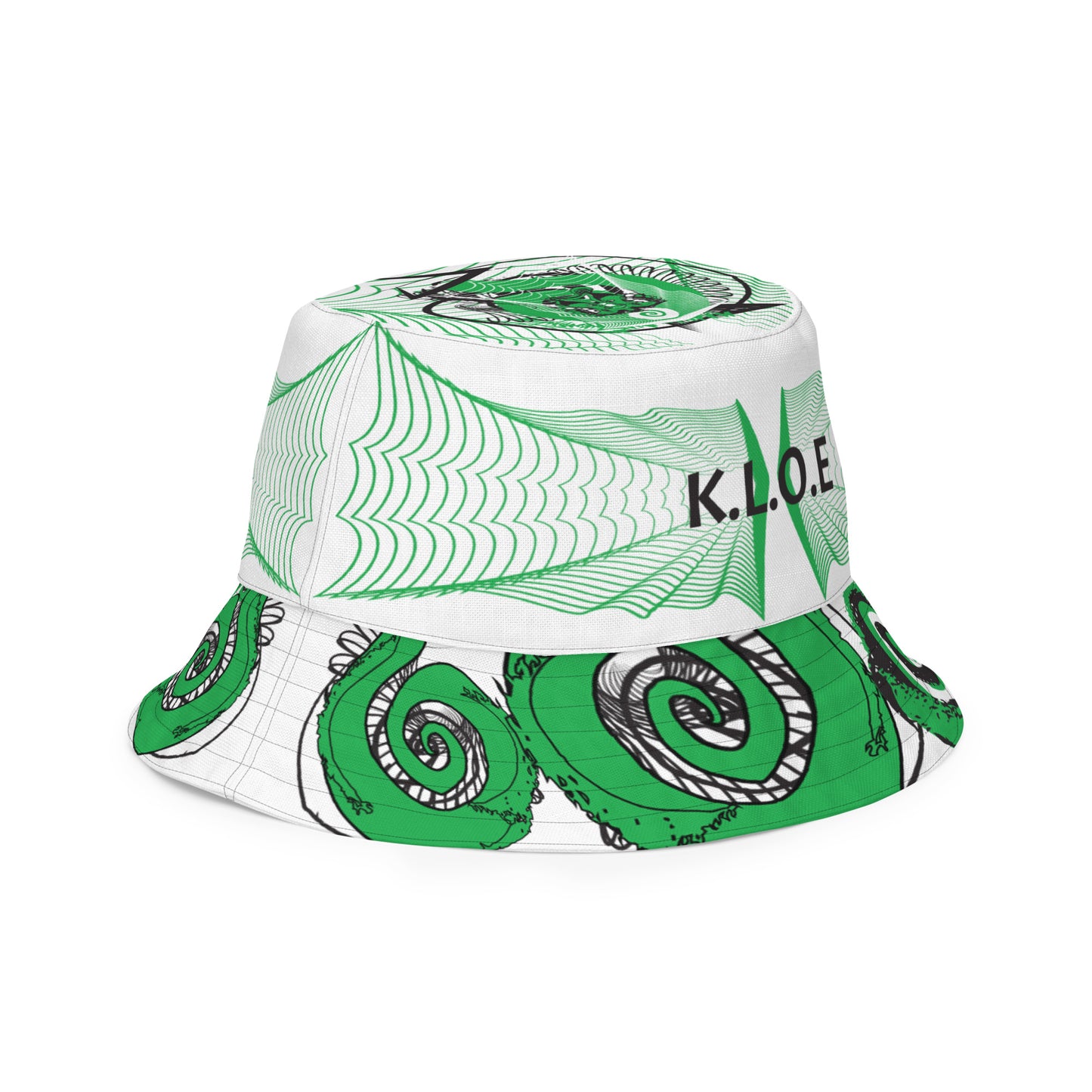 Hand-illustrated reversible bucket hat featuring bold green spirals and intricate web-inspired patterns — crafted for versatile self-expression and rooted in artistic individuality, exclusive to KLOE.