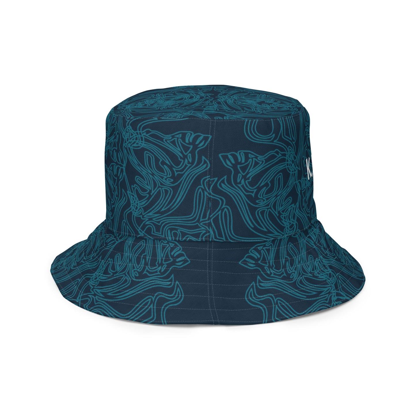 Navy blue bucket hat with cyan line art and 'K.L.O.E' branding on the front, offering a minimal yet artistic aesthetic, worn by a model.
