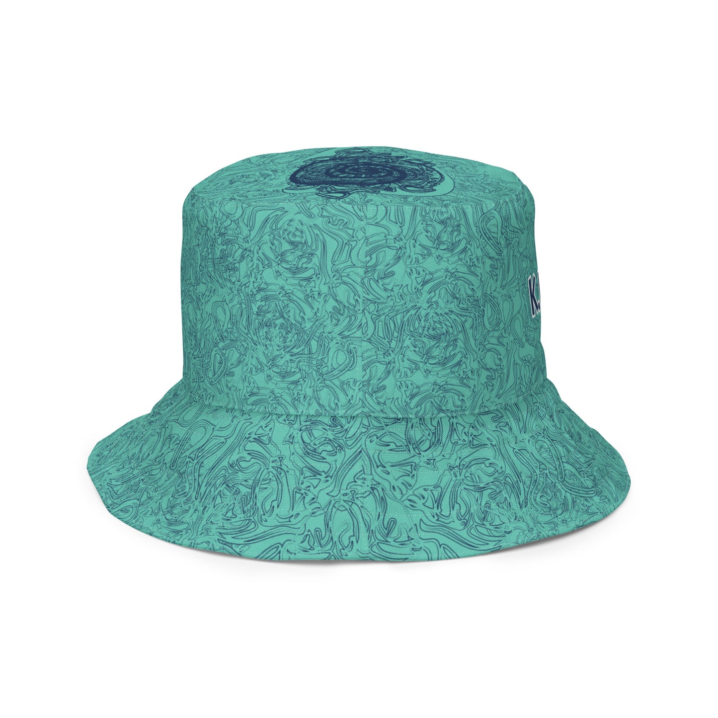 Reversible bucket hat with abstract jade and white linework, featuring dual-face artwork on one side and K.L.O.E logo on the other—crafted for bold, expressive style.