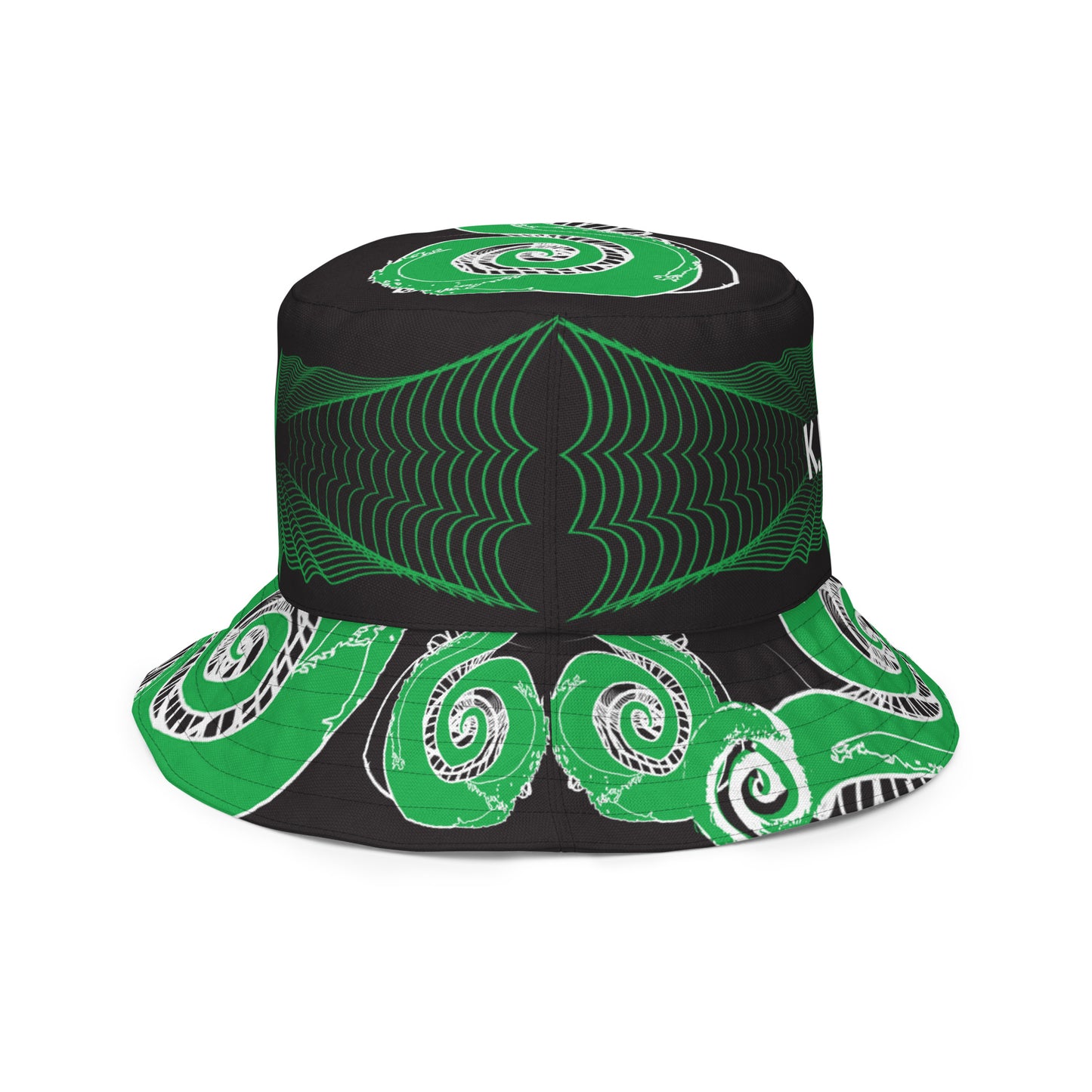 Hand-illustrated reversible bucket hat featuring bold green spirals and intricate web-inspired patterns — crafted for versatile self-expression and rooted in artistic individuality, exclusive to KLOE.