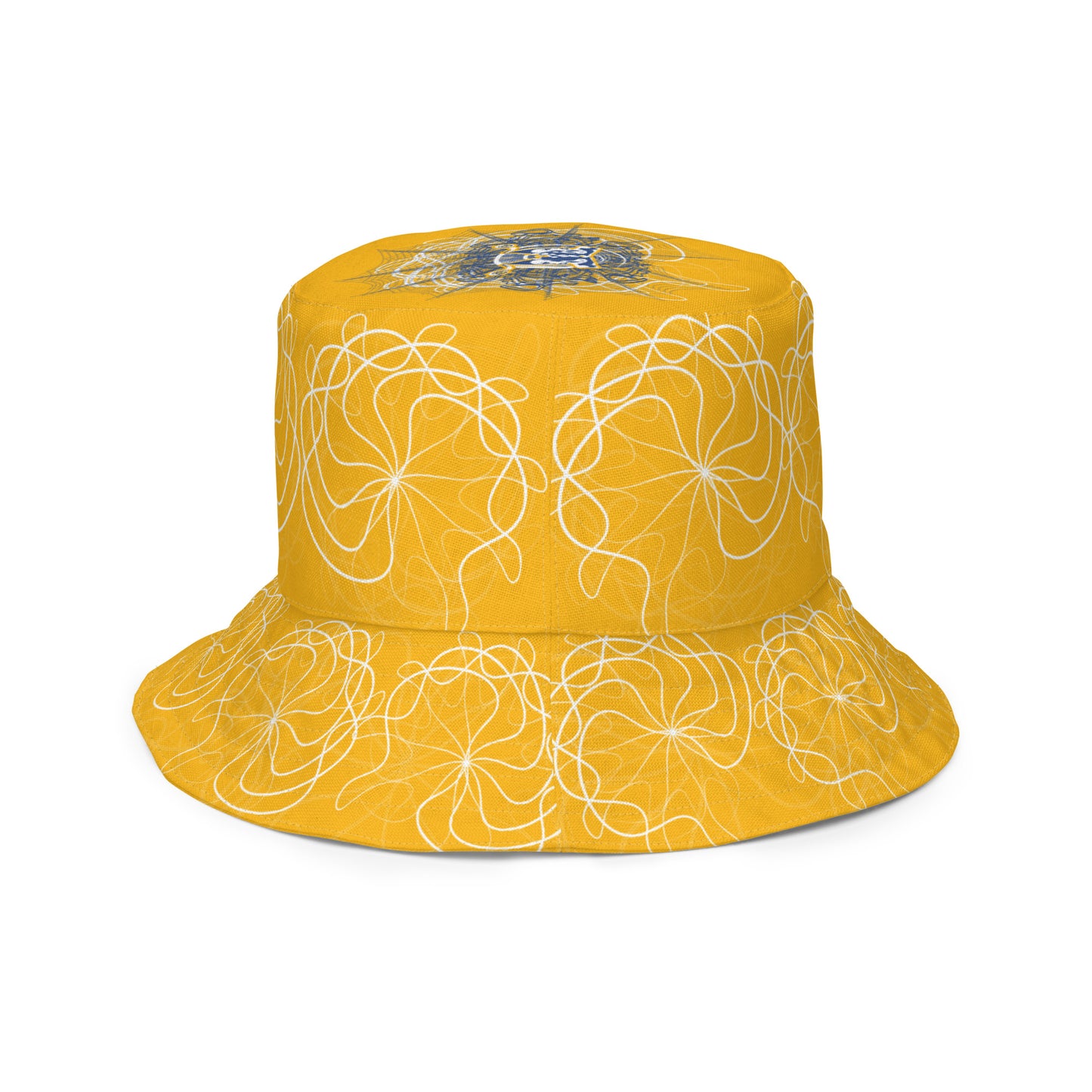 Reversible bucket hat featuring navy and golden yellow sides with abstract white linework and mirrored face emblems, blending hand-drawn cultural art with bold, expressive streetwear style.