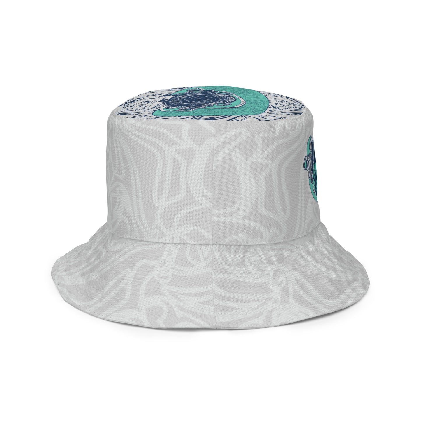 Reversible bucket hat with abstract jade and white linework, featuring dual-face artwork on one side and K.L.O.E logo on the other—crafted for bold, expressive style.