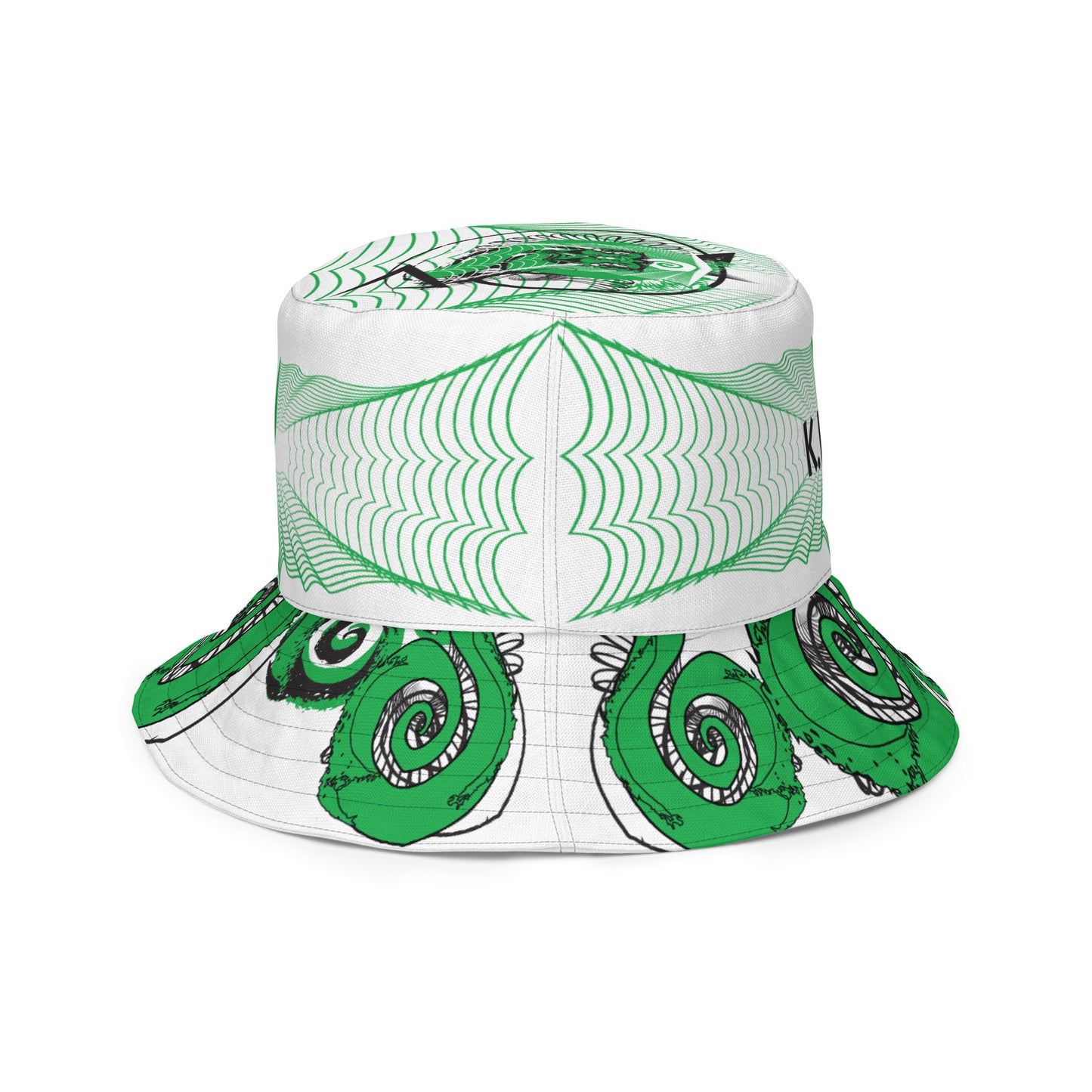 Hand-illustrated reversible bucket hat featuring bold green spirals and intricate web-inspired patterns — crafted for versatile self-expression and rooted in artistic individuality, exclusive to KLOE.