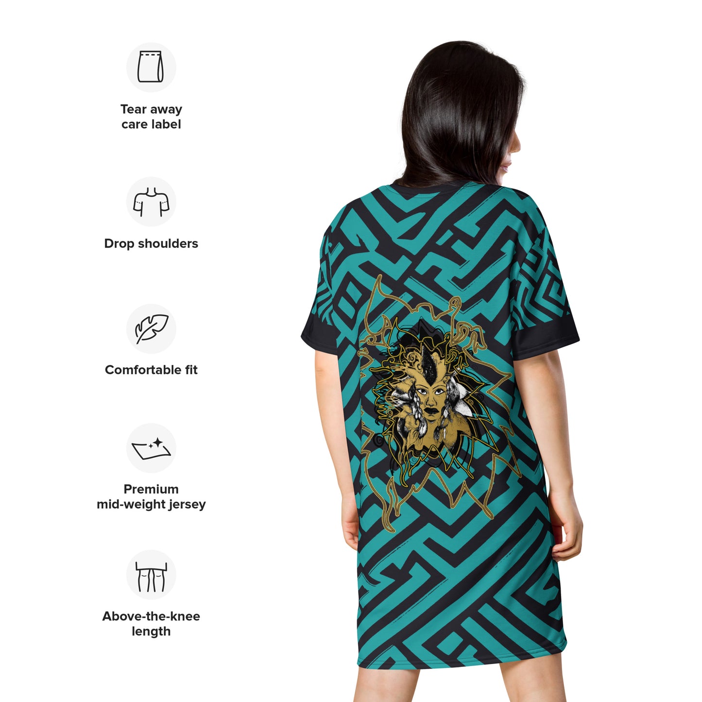 Back view of KLOE Store bohemian style dress featuring bold green and black geometric patterns with an intricate golden artistic face design, highlighting expressive and modern boho fashion, on a model.
