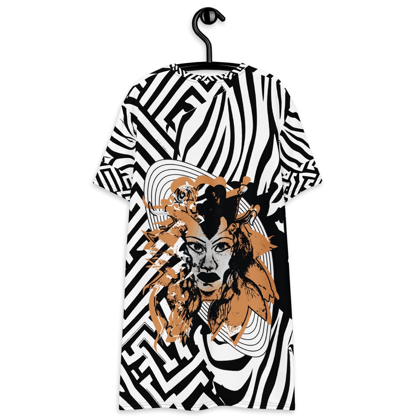 Bold black and white zebra print t-shirt dress from Kloe Store featuring an artistic face design in the center, showcasing unique streetwear style with abstract patterns and edgy fashion, back view, hanging on the hanger.