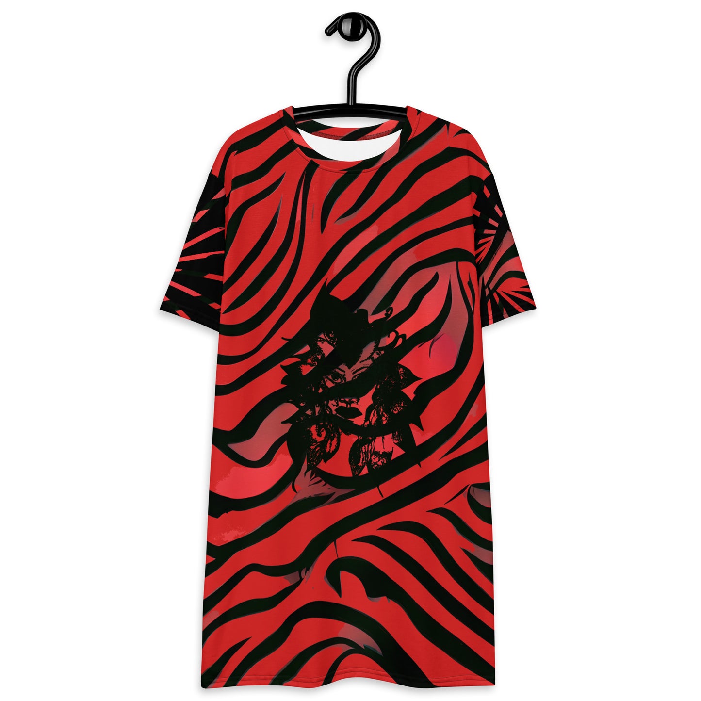 Bold red and black t-shirt dress from Kloe Store with an artistic face design, showcasing a stylish and edgy streetwear look with striking patterns and a modern, casual fit.