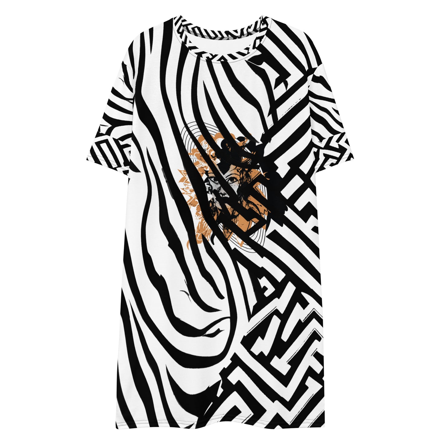 Bold black and white zebra print t-shirt dress from Kloe Store featuring an artistic face design in the center, showcasing unique streetwear style with abstract patterns and edgy fashion.