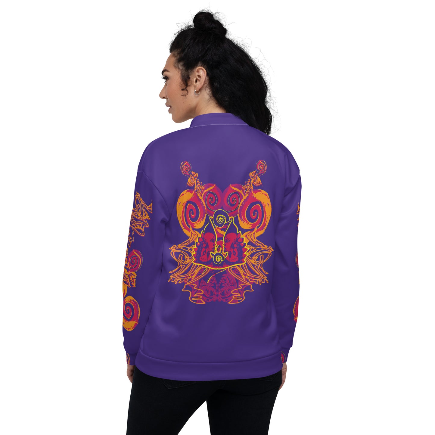 Back view of an old purple bomber jacket with vibrant orange and red culturally inspired patterns, featuring mirrored face design and swirling motifs — expressive fashion from KLOE’s The Secret Chambers of I & I collection, on a model.