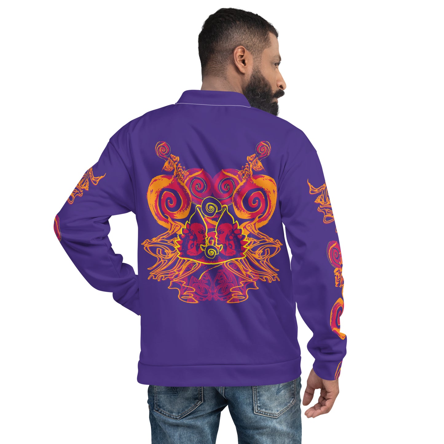 Back view of an old purple bomber jacket with vibrant orange and red culturally inspired patterns, featuring mirrored face design and swirling motifs — expressive fashion from KLOE’s The Secret Chambers of I & I collection, on a model.