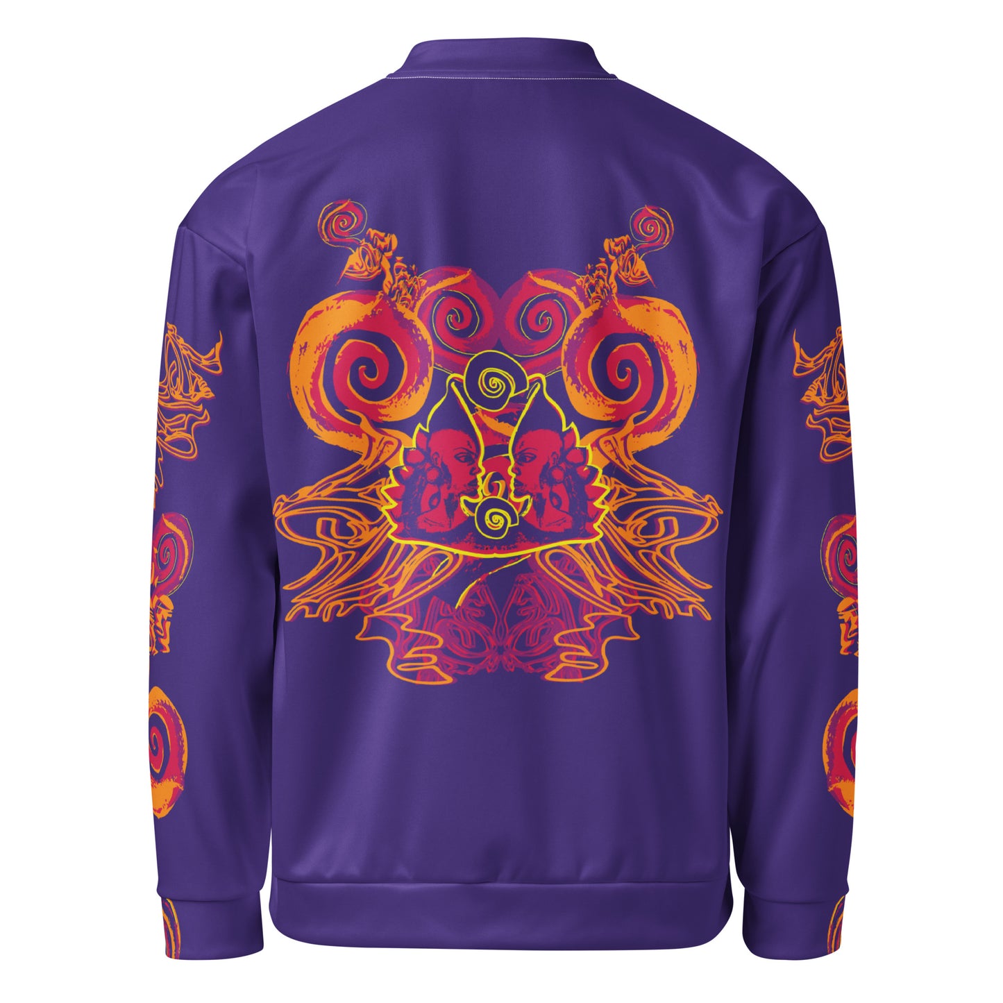 Back view of an old purple bomber jacket with vibrant orange and red culturally inspired patterns, featuring mirrored face design and swirling motifs — expressive fashion from KLOE’s The Secret Chambers of I & I collection.