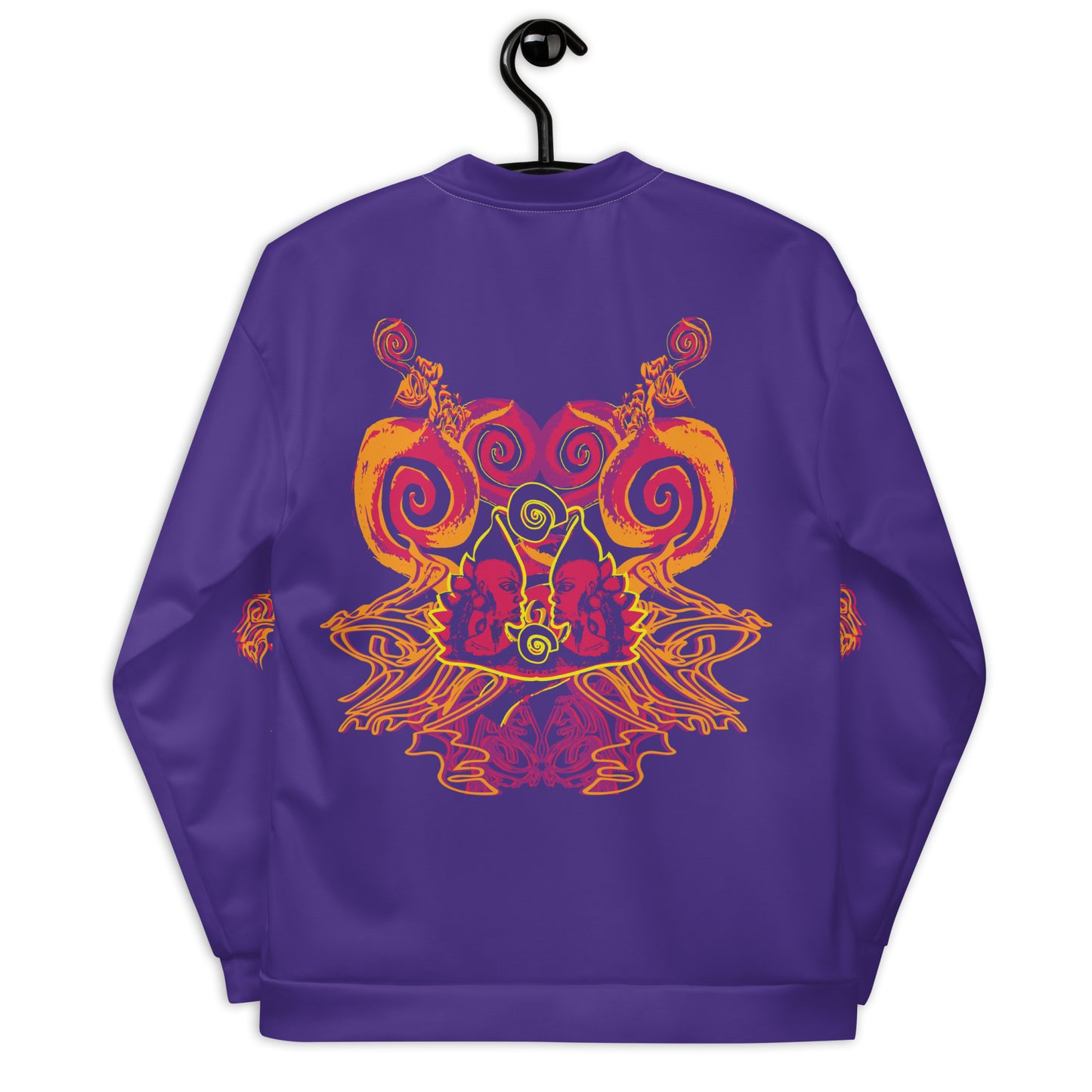 Back view of an old purple bomber jacket with vibrant orange and red culturally inspired patterns, featuring mirrored face design and swirling motifs — expressive fashion from KLOE’s The Secret Chambers of I & I collection.