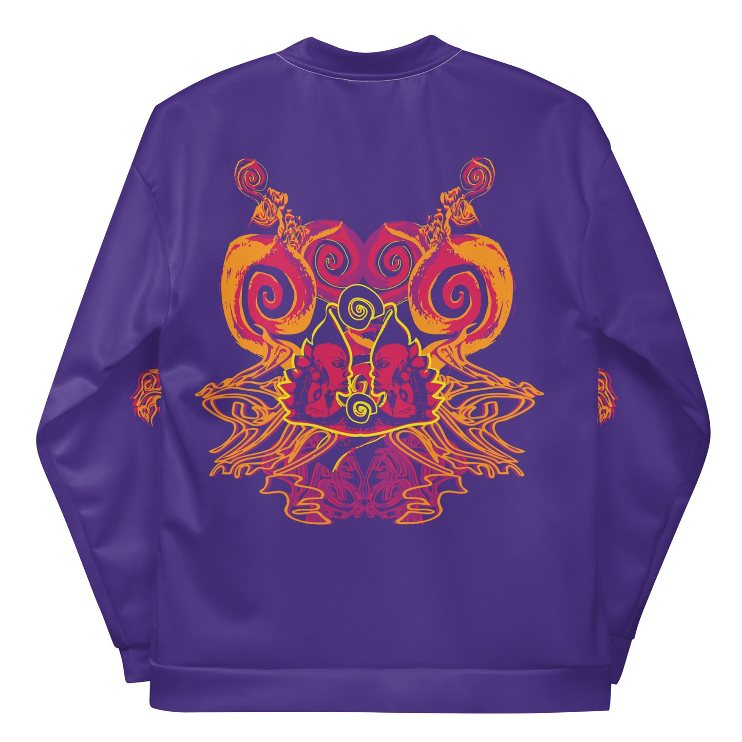 Back view of an old purple bomber jacket with vibrant orange and red culturally inspired patterns, featuring mirrored face design and swirling motifs — expressive fashion from KLOE’s The Secret Chambers of I & I collection.
