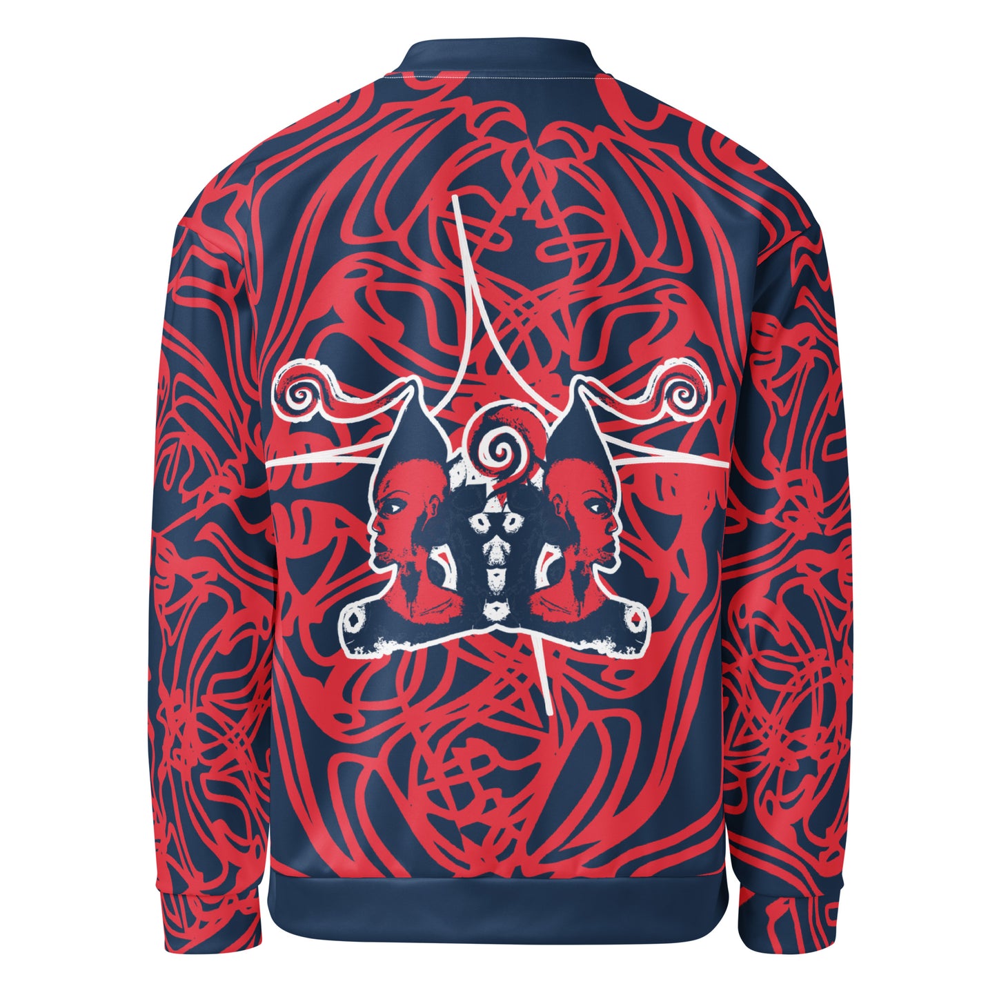 Bold navy and red streetwear bomber jacket featuring hand-drawn tribal patterns and mirrored face design, culturally inspired and crafted for a modern, edgy look – KLOE fashion.