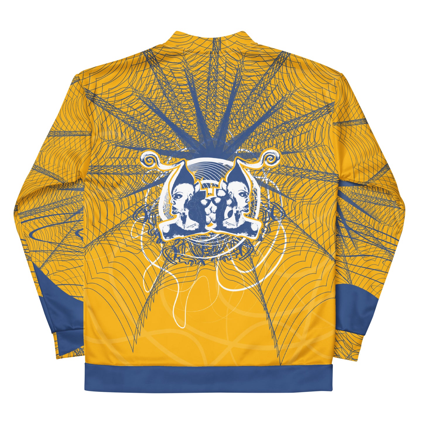 Back view of a golden yellow bomber jacket with intricate navy line art and a mirrored face emblem, combining bold cultural visuals with modern streetwear from the Secret Chambers of I and I collection.