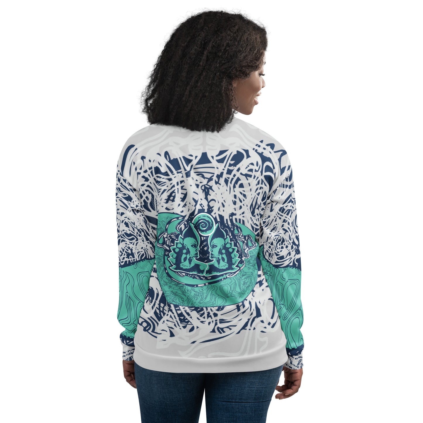 Unisex bomber jacket with full-body abstract print in navy and jade, featuring hand-drawn mirrored faces and layered spiral motifs—designed for standout individuality.