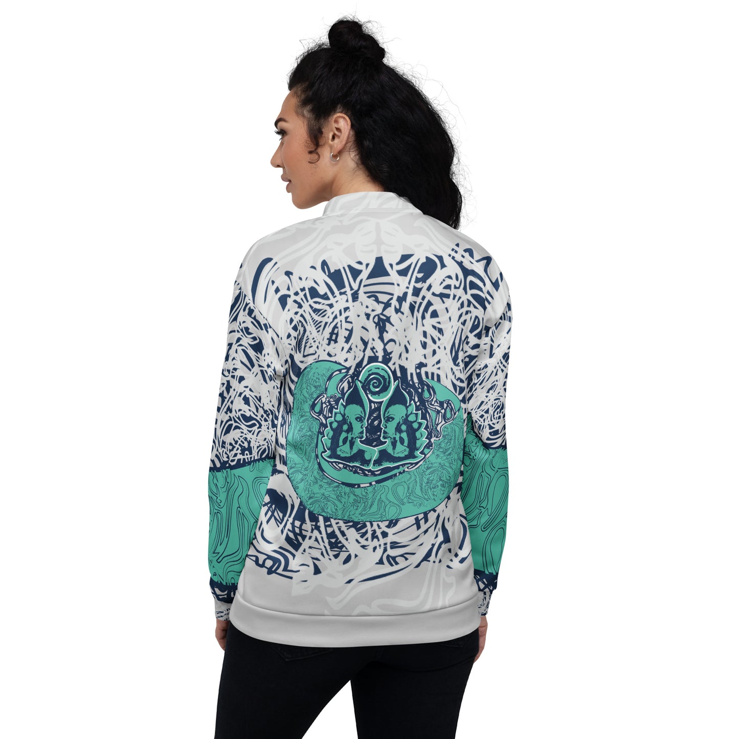 Unisex bomber jacket with full-body abstract print in navy and jade, featuring hand-drawn mirrored faces and layered spiral motifs—designed for standout individuality.
