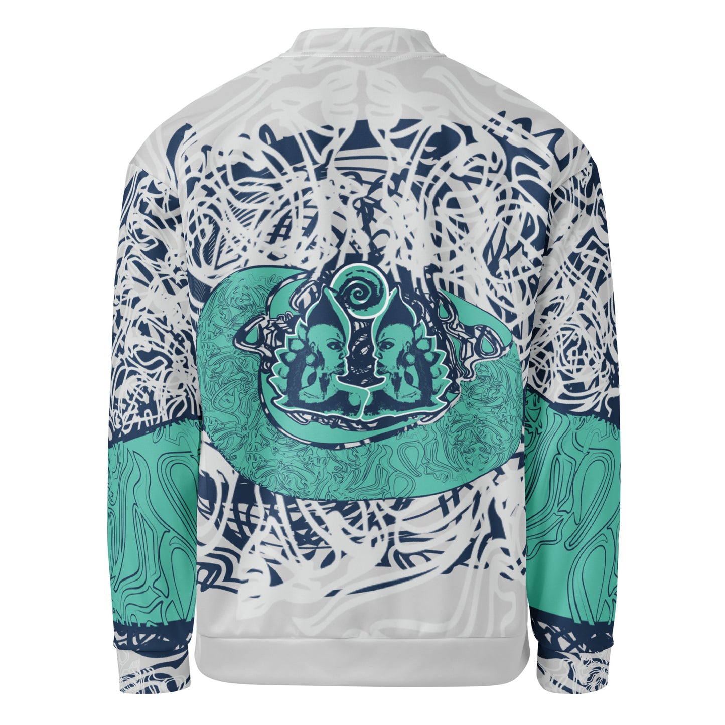 Unisex bomber jacket with full-body abstract print in navy and jade, featuring hand-drawn mirrored faces and layered spiral motifs—designed for standout individuality.