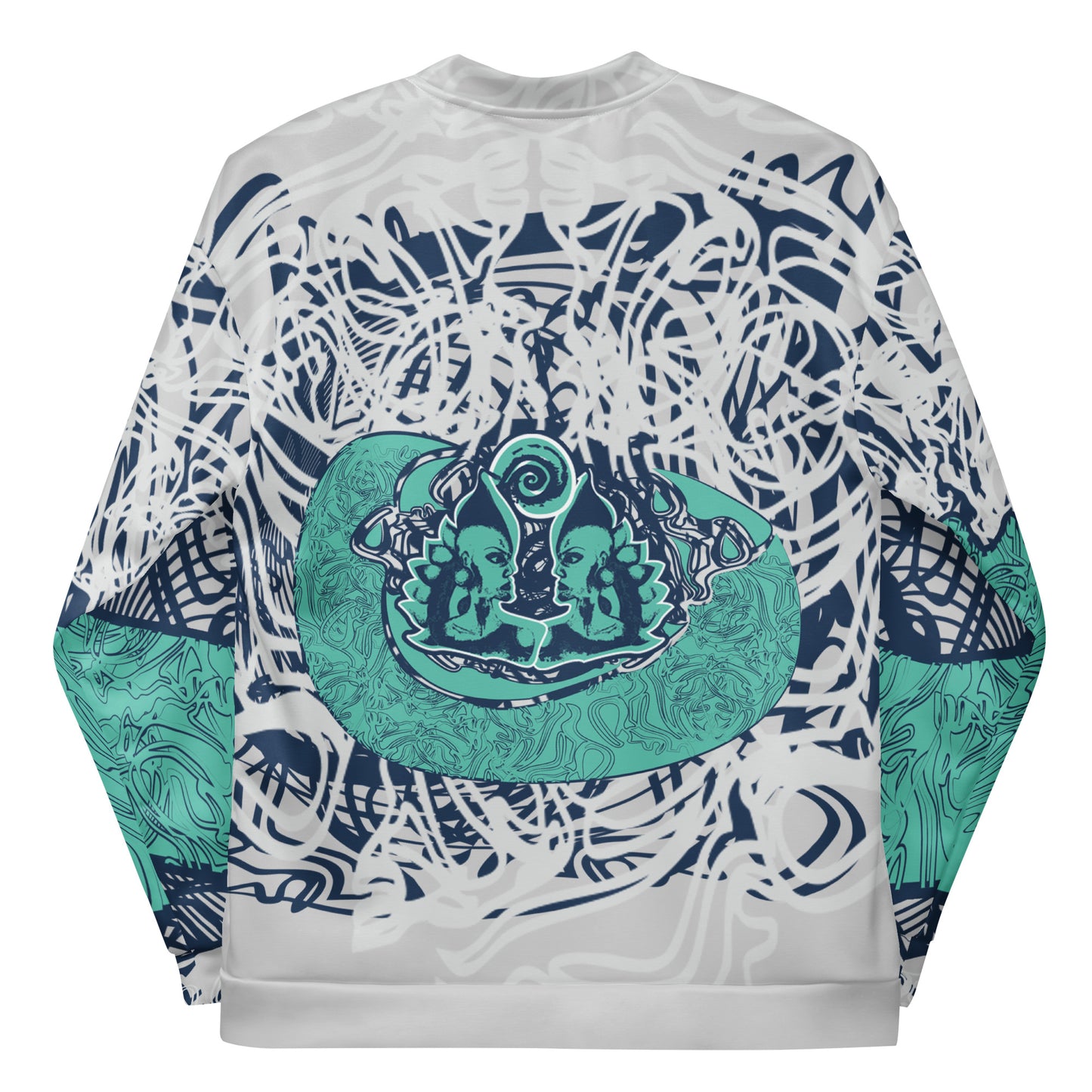 Unisex bomber jacket with full-body abstract print in navy and jade, featuring hand-drawn mirrored faces and layered spiral motifs—designed for standout individuality.