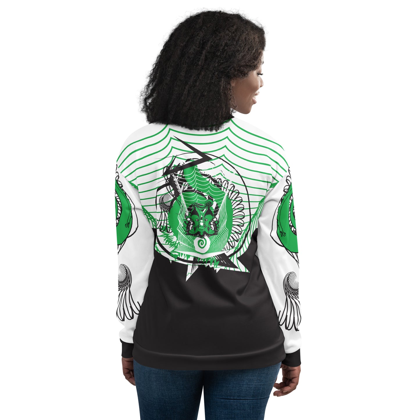 Hand-illustrated unisex bomber jacket featuring bold green spirals and a drawing of two mirrored faces — designed for fearless self-expression and rooted in global artistic influence, exclusive to KLOE.