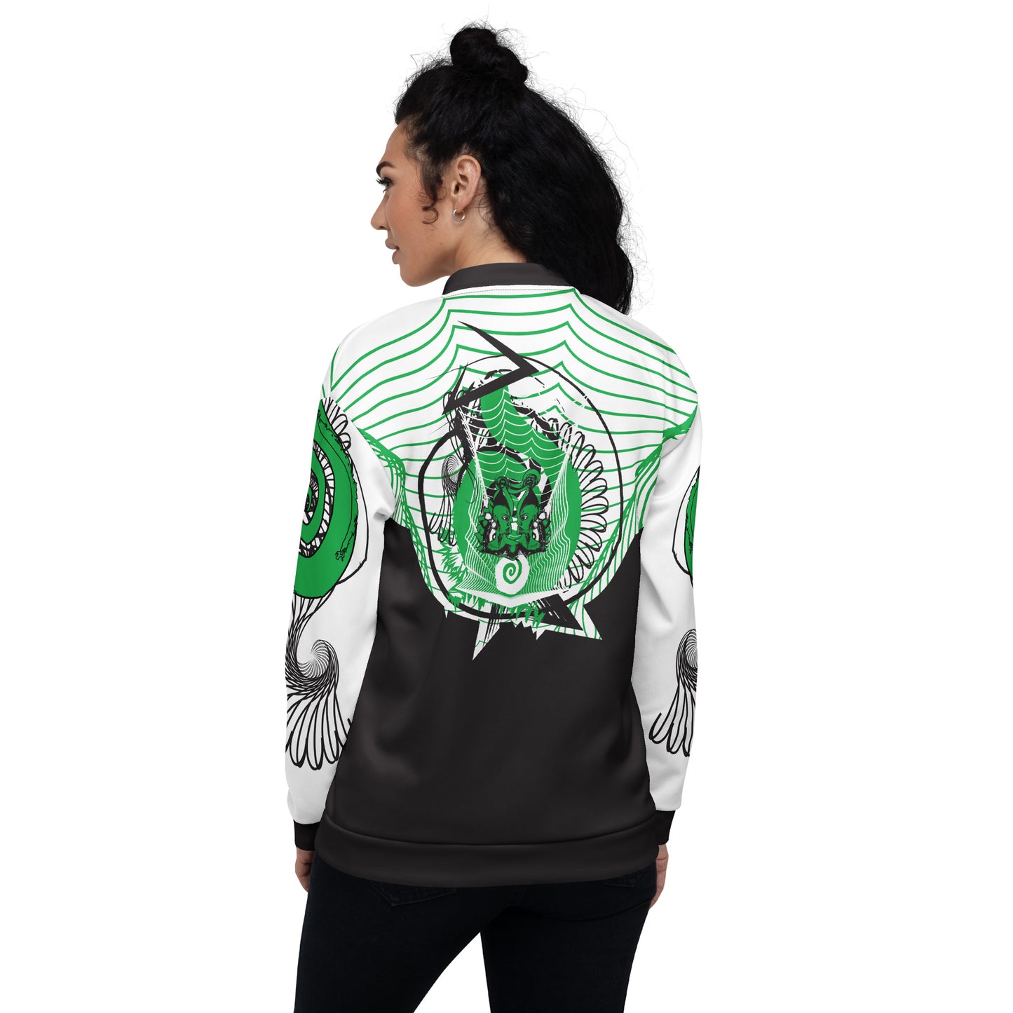 Hand-illustrated unisex bomber jacket featuring bold green spirals and a drawing of two mirrored faces — designed for fearless self-expression and rooted in global artistic influence, exclusive to KLOE.
