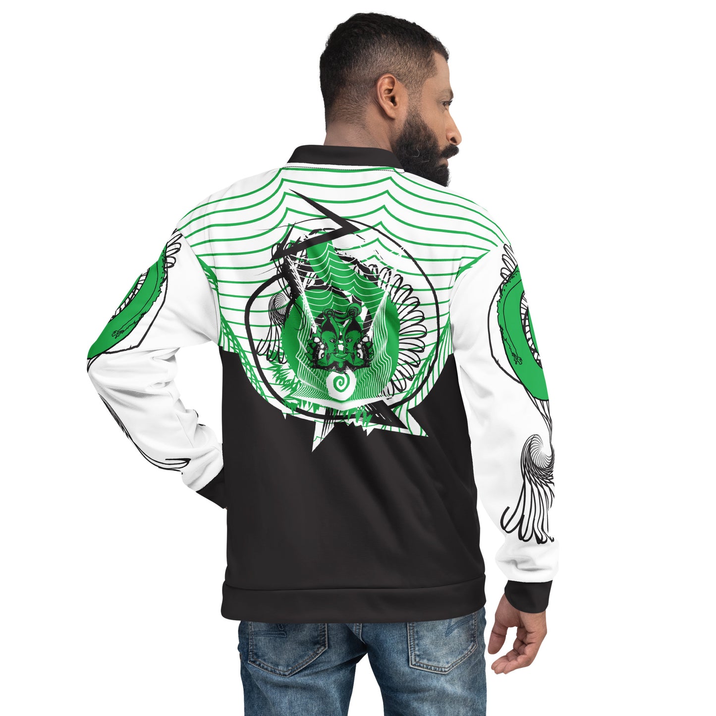 Hand-illustrated unisex bomber jacket featuring bold green spirals and a drawing of two mirrored faces — designed for fearless self-expression and rooted in global artistic influence, exclusive to KLOE.