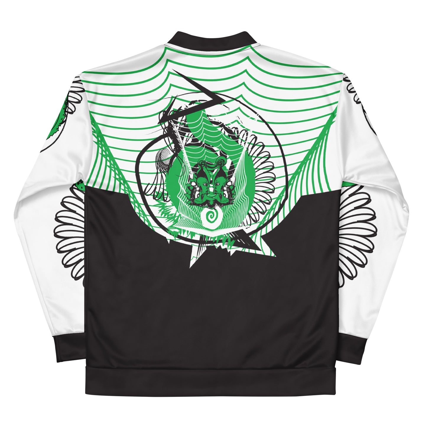 Hand-illustrated unisex bomber jacket featuring bold green spirals and a drawing of two mirrored faces — designed for fearless self-expression and rooted in global artistic influence, exclusive to KLOE.
