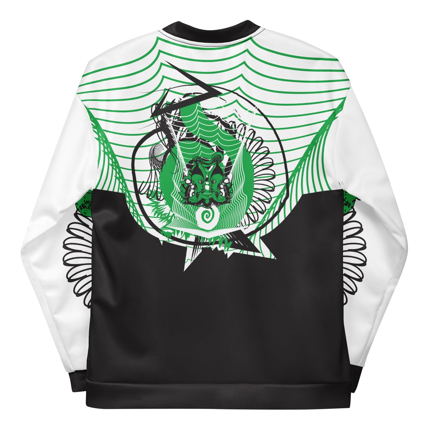 Hand-illustrated unisex bomber jacket featuring bold green spirals and a drawing of two mirrored faces — designed for fearless self-expression and rooted in global artistic influence, exclusive to KLOE.