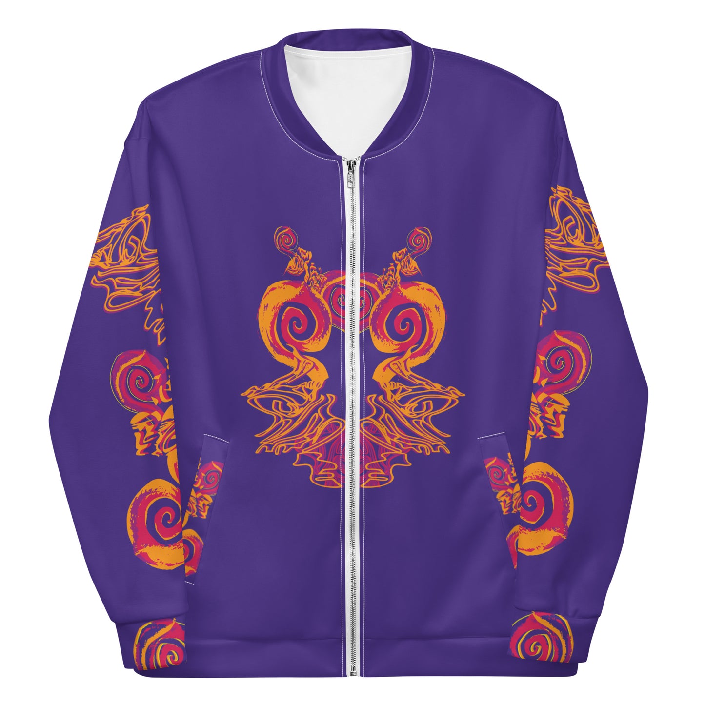 Bold purple bomber jacket with vibrant orange and red culturally inspired patterns, featuring mirrored face design and swirling motifs — expressive fashion from KLOE’s The Secret Chambers of I & I collection.
