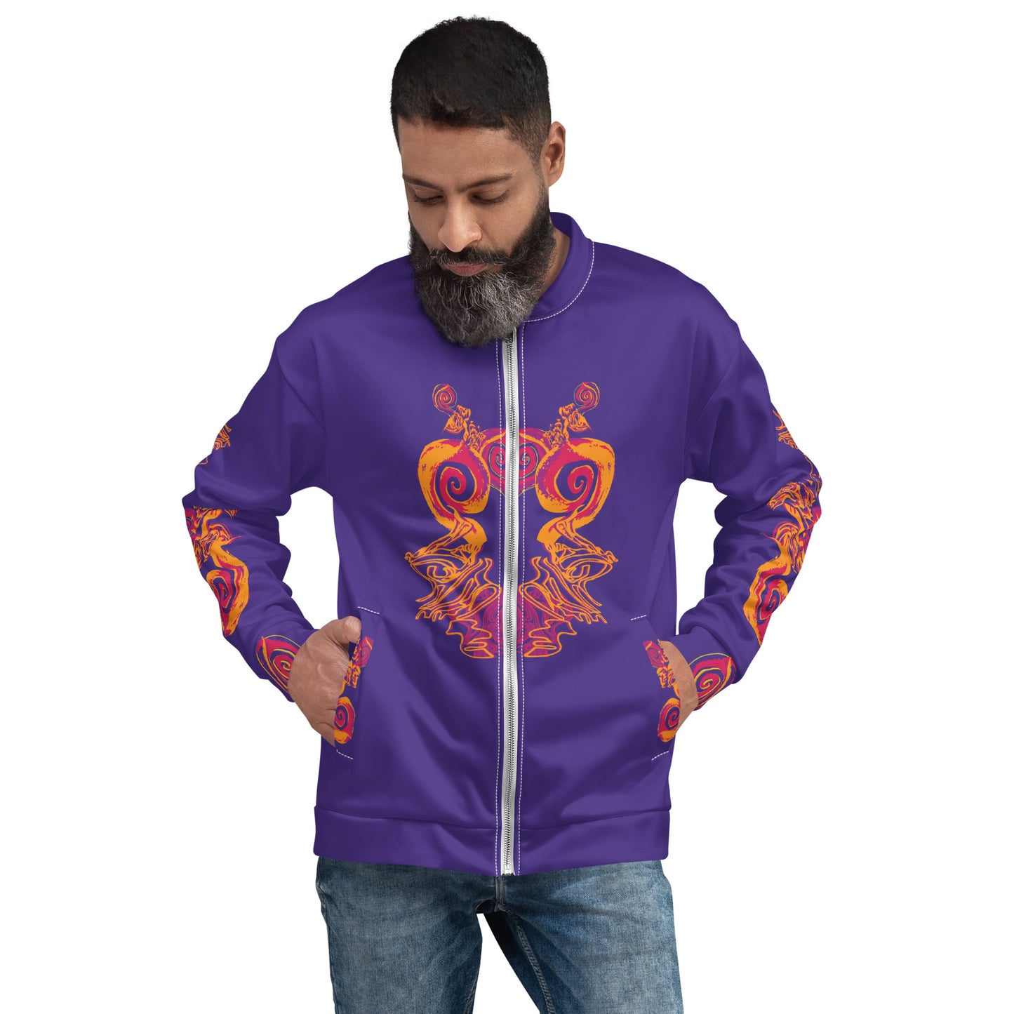 Front view of an old purple bomber jacket with vibrant orange and red culturally inspired patterns, featuring mirrored face design and swirling motifs — expressive fashion from KLOE’s The Secret Chambers of I & I collection, on a model.