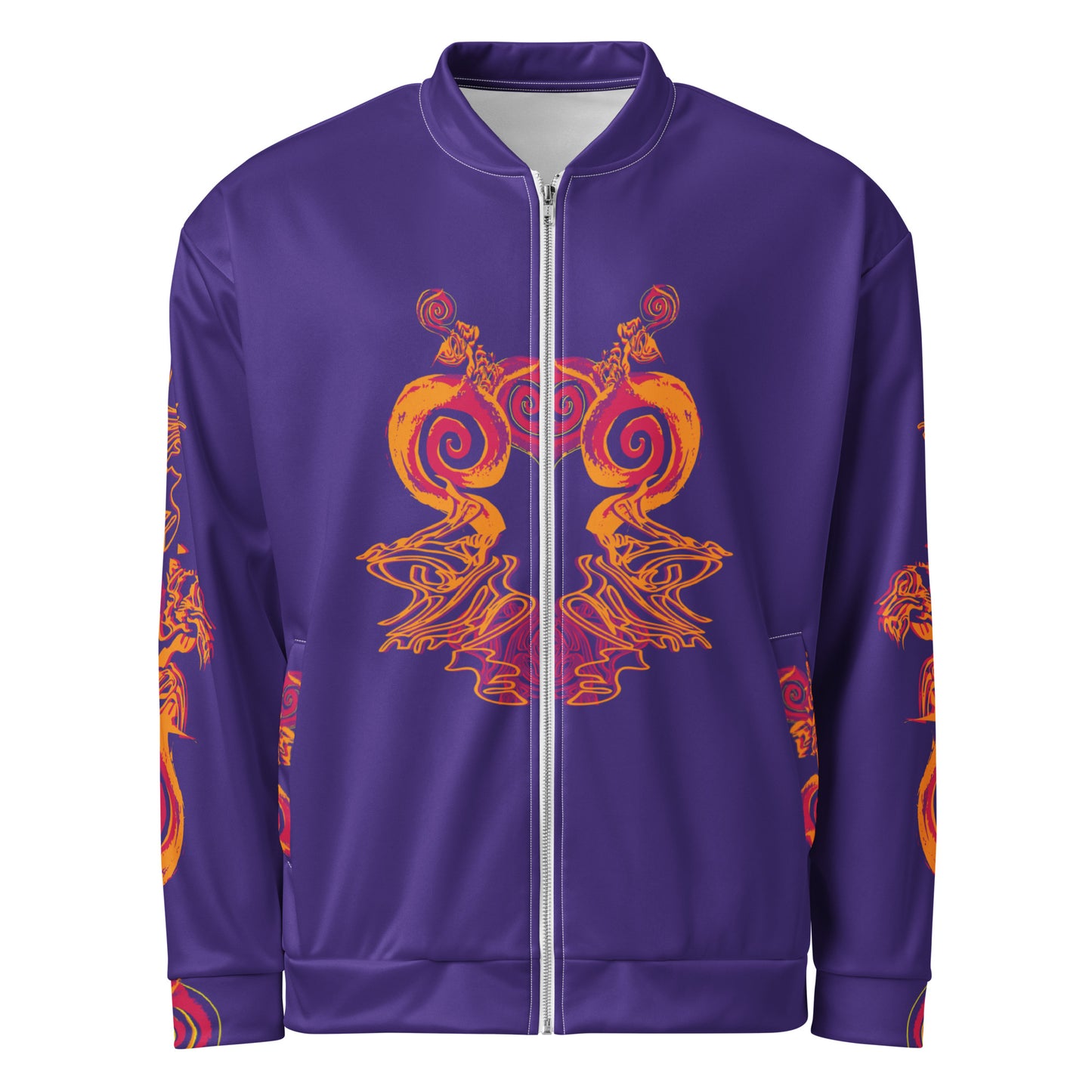 Front view of an old purple bomber jacket with vibrant orange and red culturally inspired patterns, featuring mirrored face design and swirling motifs — expressive fashion from KLOE’s The Secret Chambers of I & I collection.