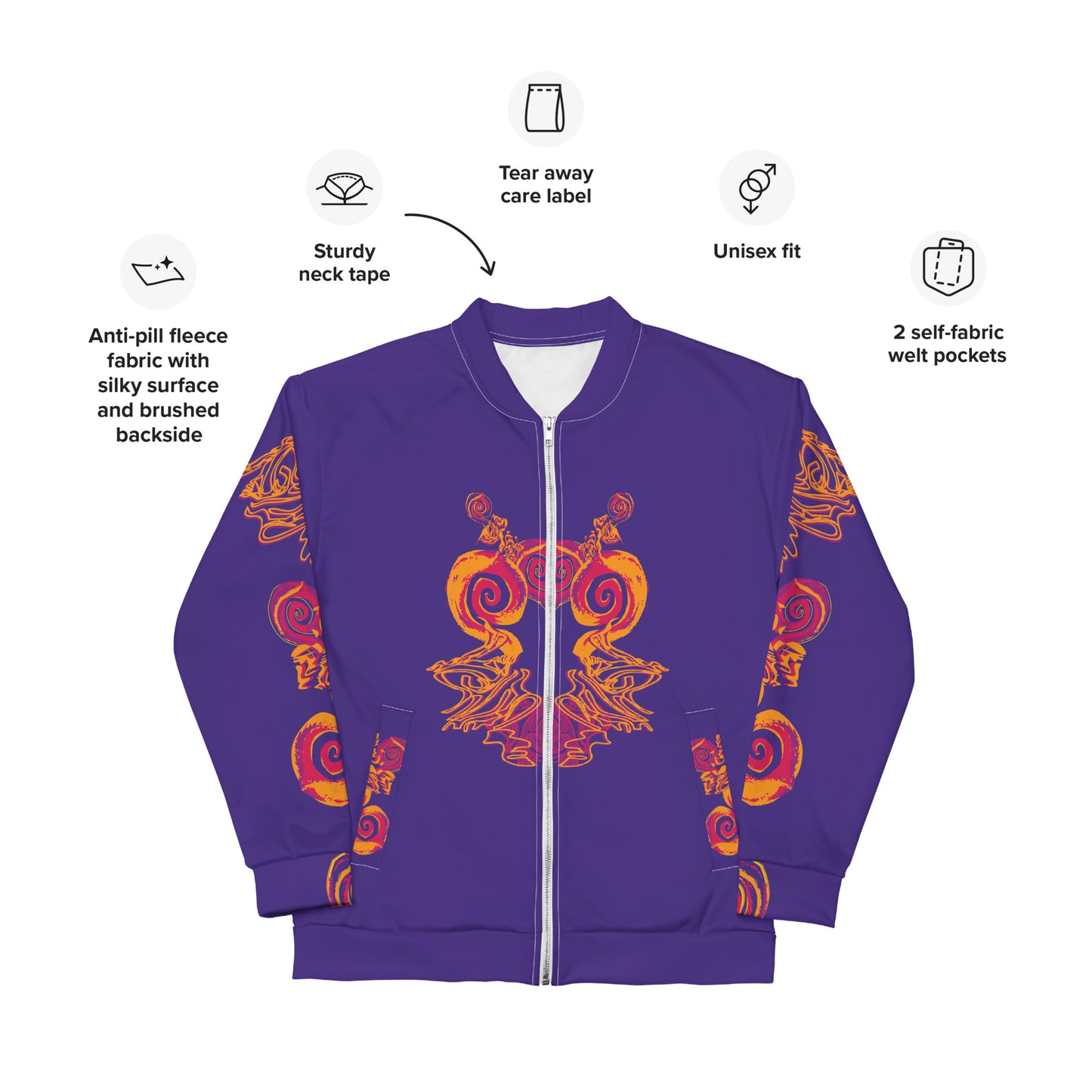 Product details of an old purple bomber jacket with vibrant orange and red culturally inspired patterns, featuring mirrored face design and swirling motifs — expressive fashion from KLOE’s The Secret Chambers of I & I collection.