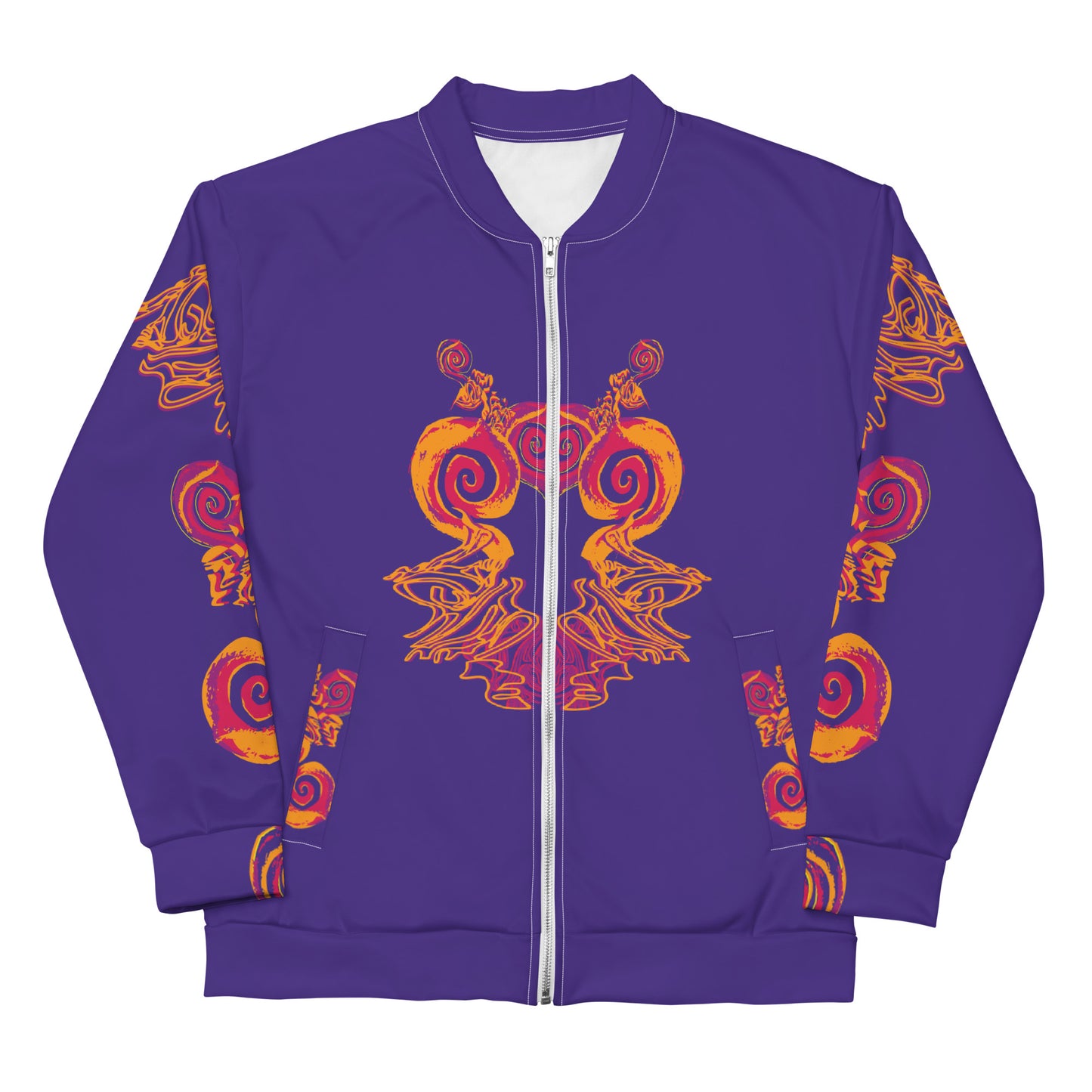 Front view of an old purple bomber jacket with vibrant orange and red culturally inspired patterns, featuring mirrored face design and swirling motifs — expressive fashion from KLOE’s The Secret Chambers of I & I collection.