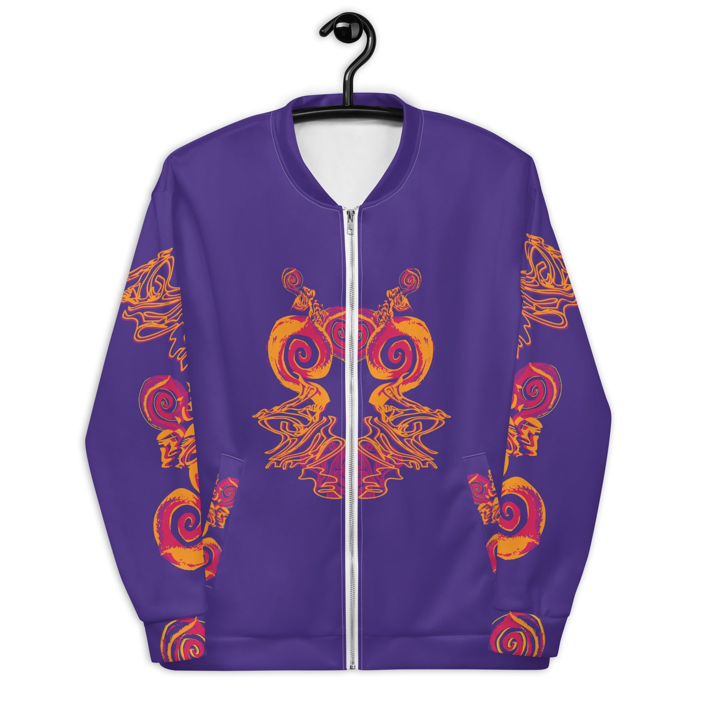Front view of an old purple bomber jacket with vibrant orange and red culturally inspired patterns, featuring mirrored face design and swirling motifs — expressive fashion from KLOE’s The Secret Chambers of I & I collection.