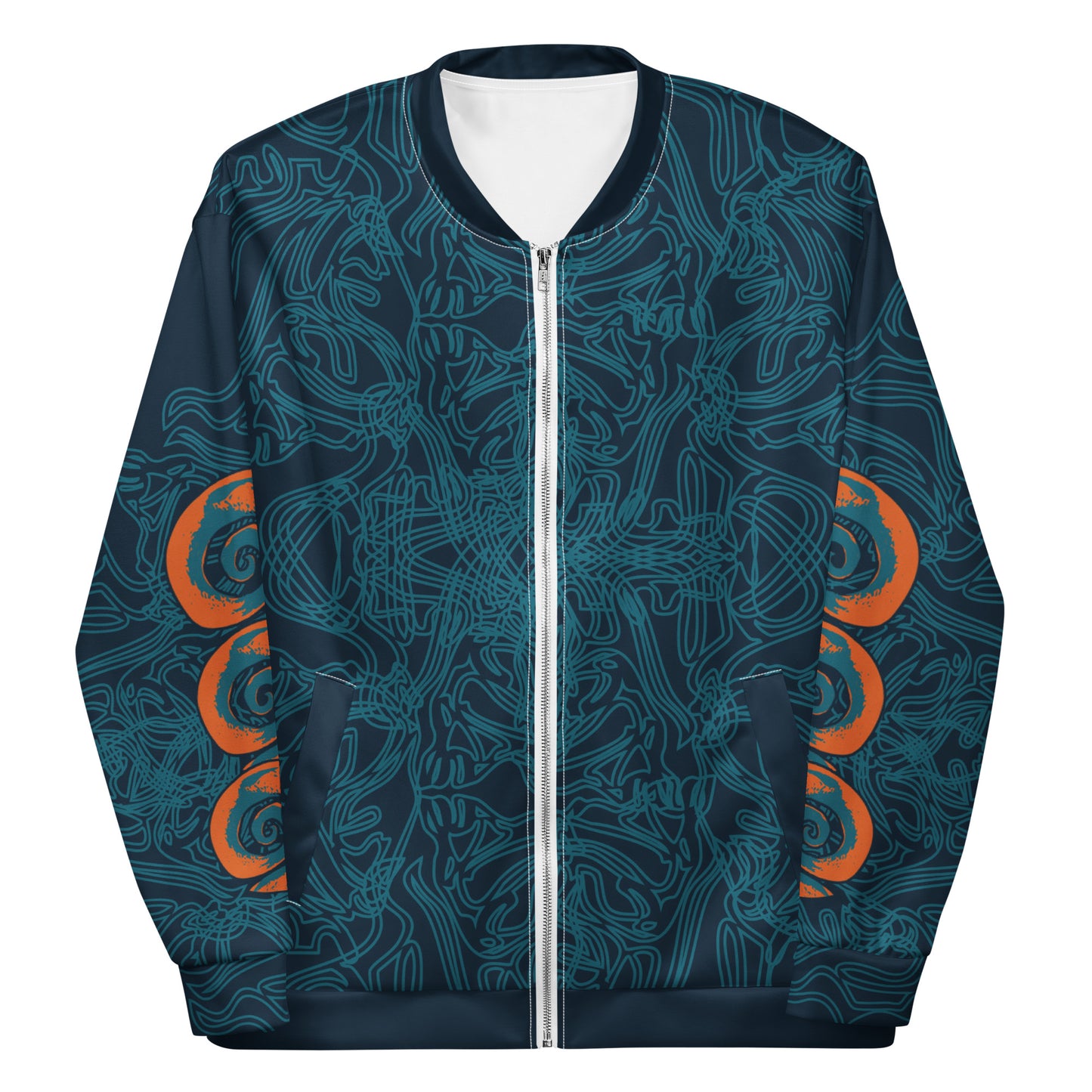 Front view of a navy blue bomber jacket with intricate cyan patterns, orange circular sleeve accents, and a zip-up closure.