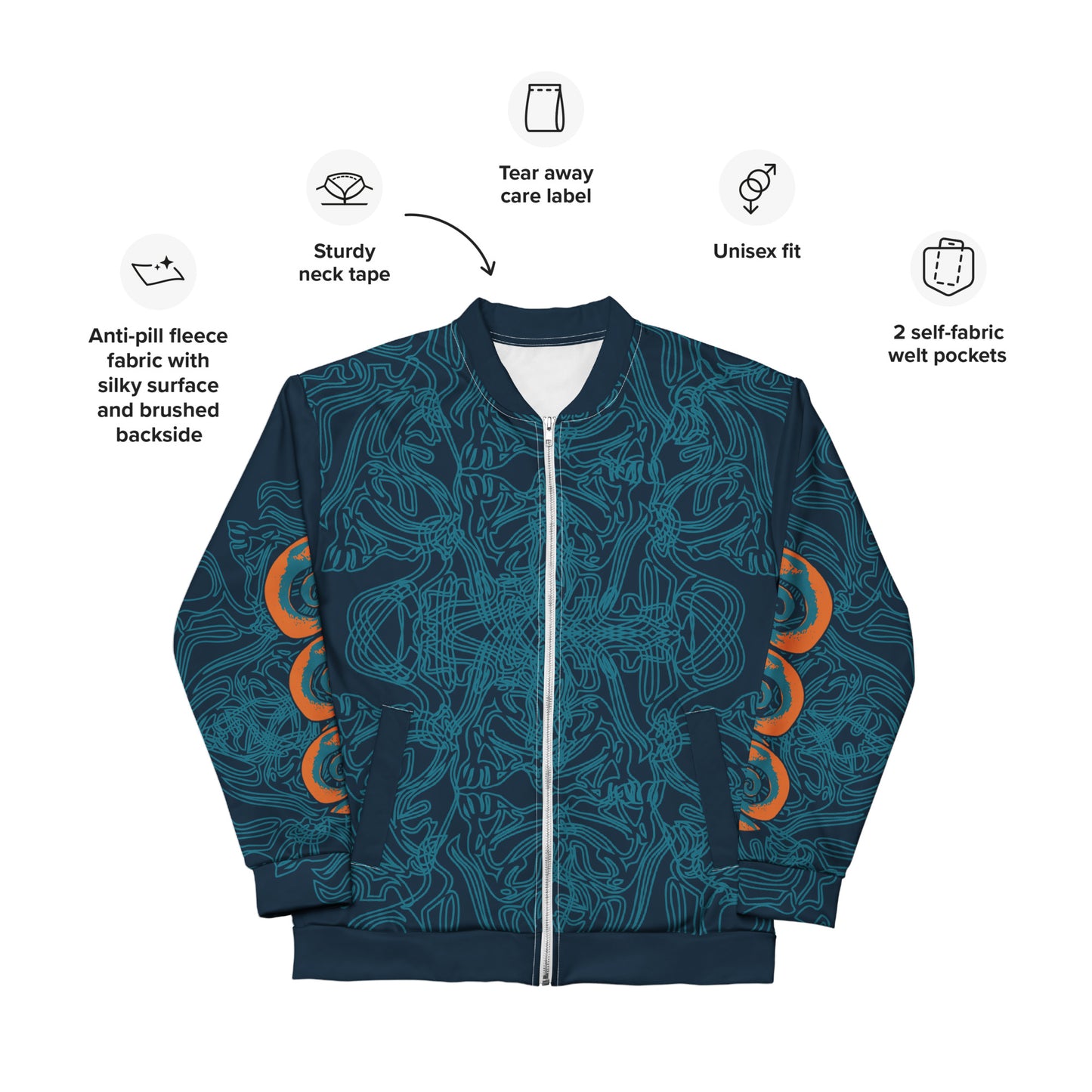 Front view of a navy blue bomber jacket with intricate cyan patterns, orange circular sleeve accents, and a zip-up closure, on a model, with product details.